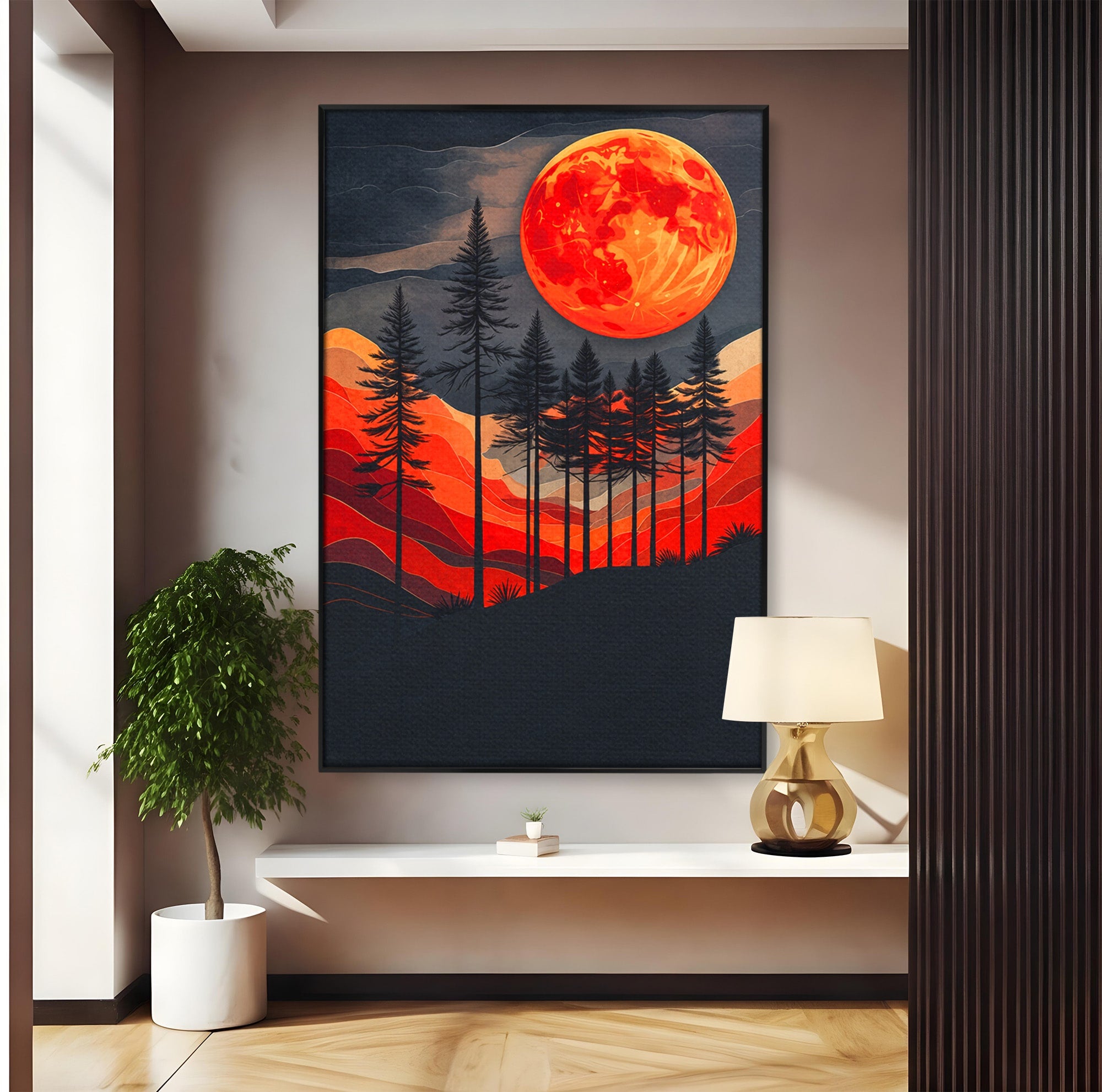 Tablou Canvas Premium LuxCanva® A1718, Luna Rosie Peste Padure, Luna, Padure, Peisaj, Apus, Dormitor, Culori Vibrante