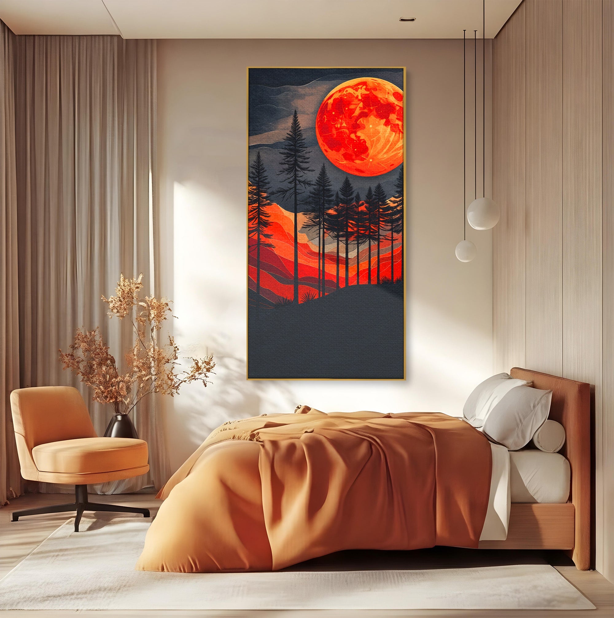 Tablou Canvas Premium LuxCanva® A1718, Luna Rosie Peste Padure, Luna, Padure, Peisaj, Apus, Dormitor, Culori Vibrante