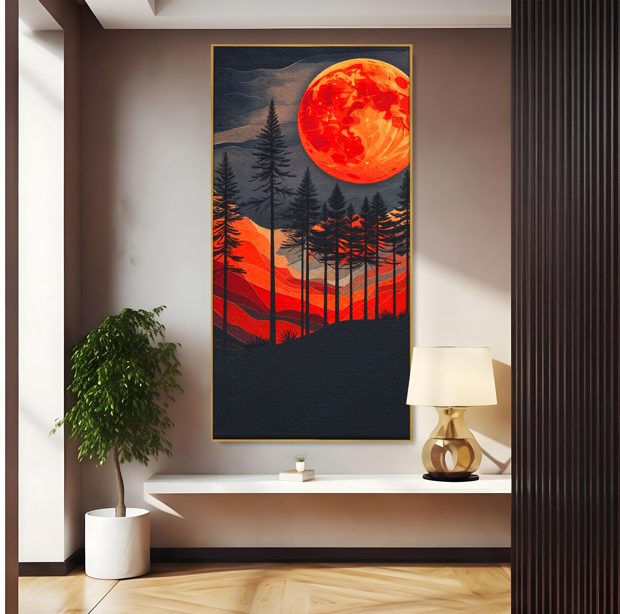 Tablou Canvas Premium LuxCanva® A1718, Luna Rosie Peste Padure, Luna, Padure, Peisaj, Apus, Dormitor, Culori Vibrante