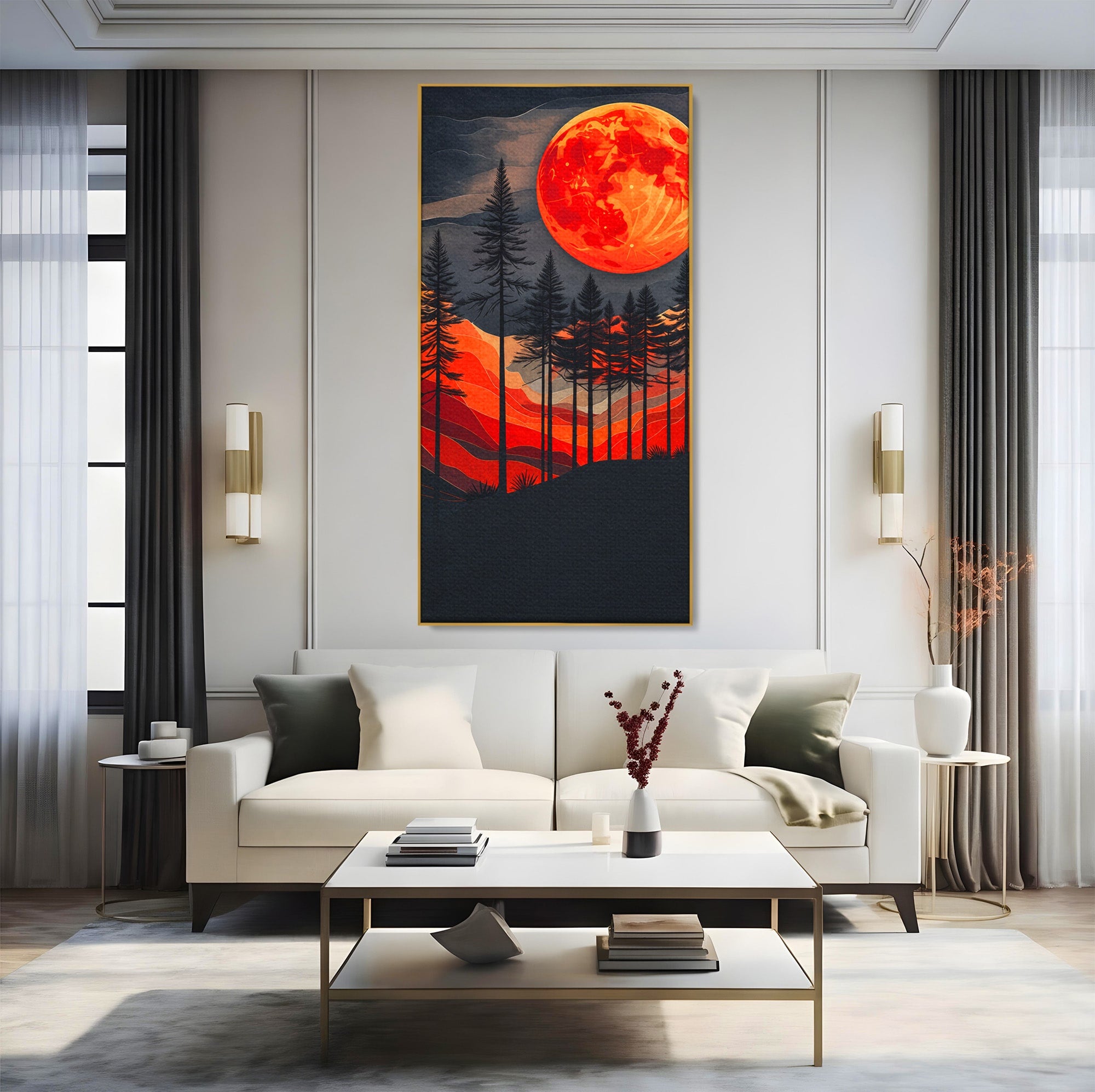 Tablou Canvas Premium LuxCanva® A1718, Luna Rosie Peste Padure, Luna, Padure, Peisaj, Apus, Dormitor, Culori Vibrante