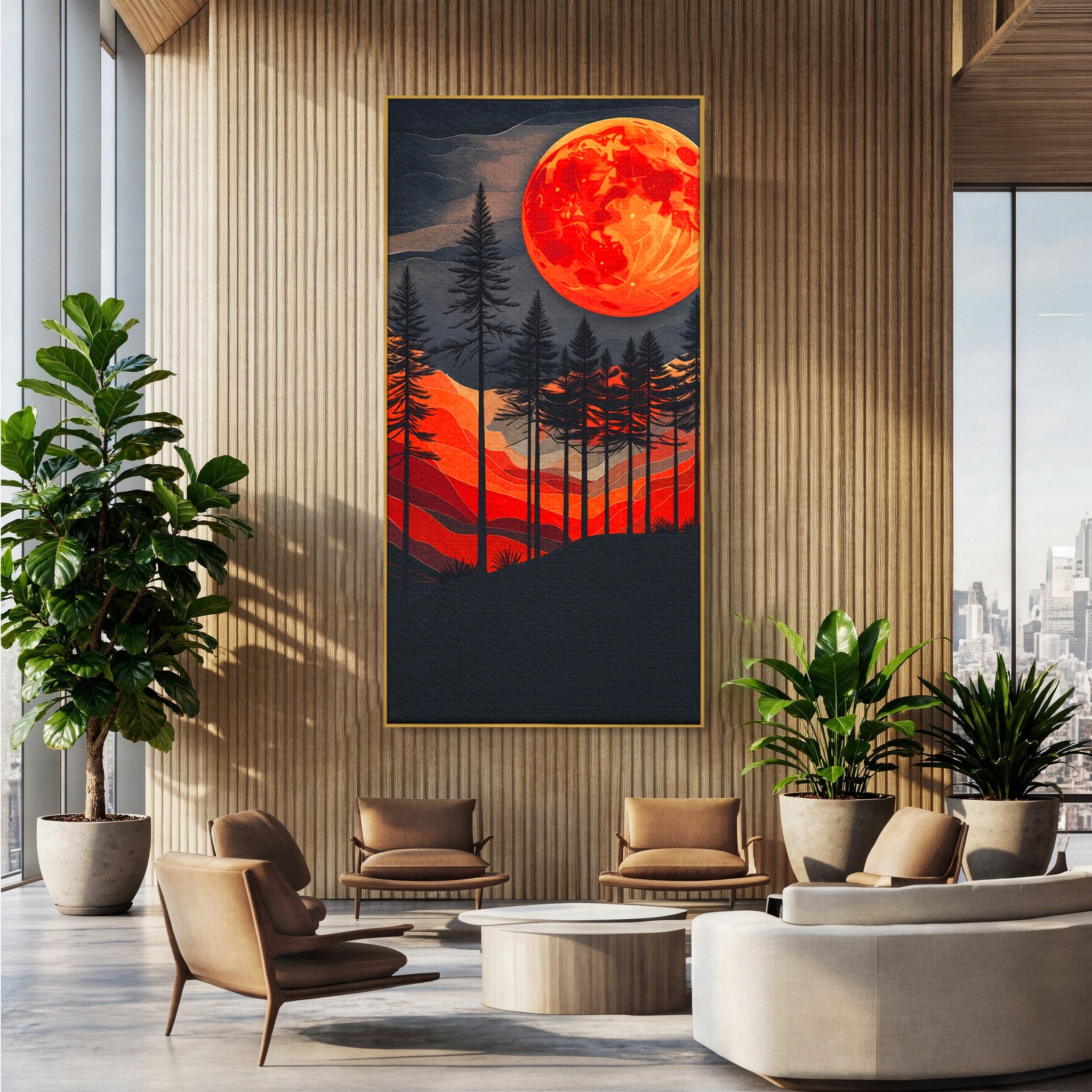 Tablou Canvas Premium LuxCanva® A1718, Luna Rosie Peste Padure, Luna, Padure, Peisaj, Apus, Dormitor, Culori Vibrante