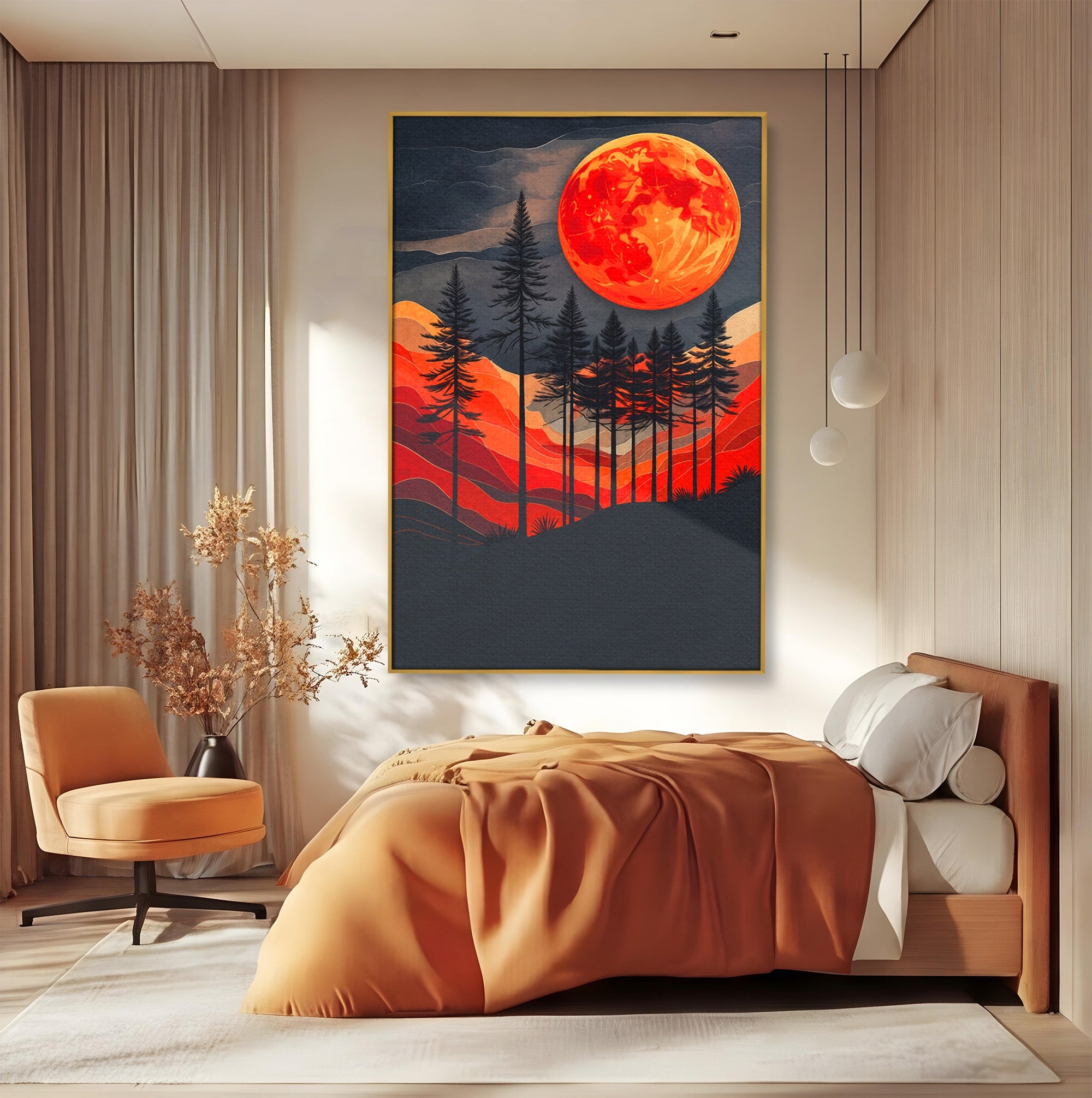 Tablou Canvas Premium LuxCanva® A1718, Luna Rosie Peste Padure, Luna, Padure, Peisaj, Apus, Dormitor, Culori Vibrante