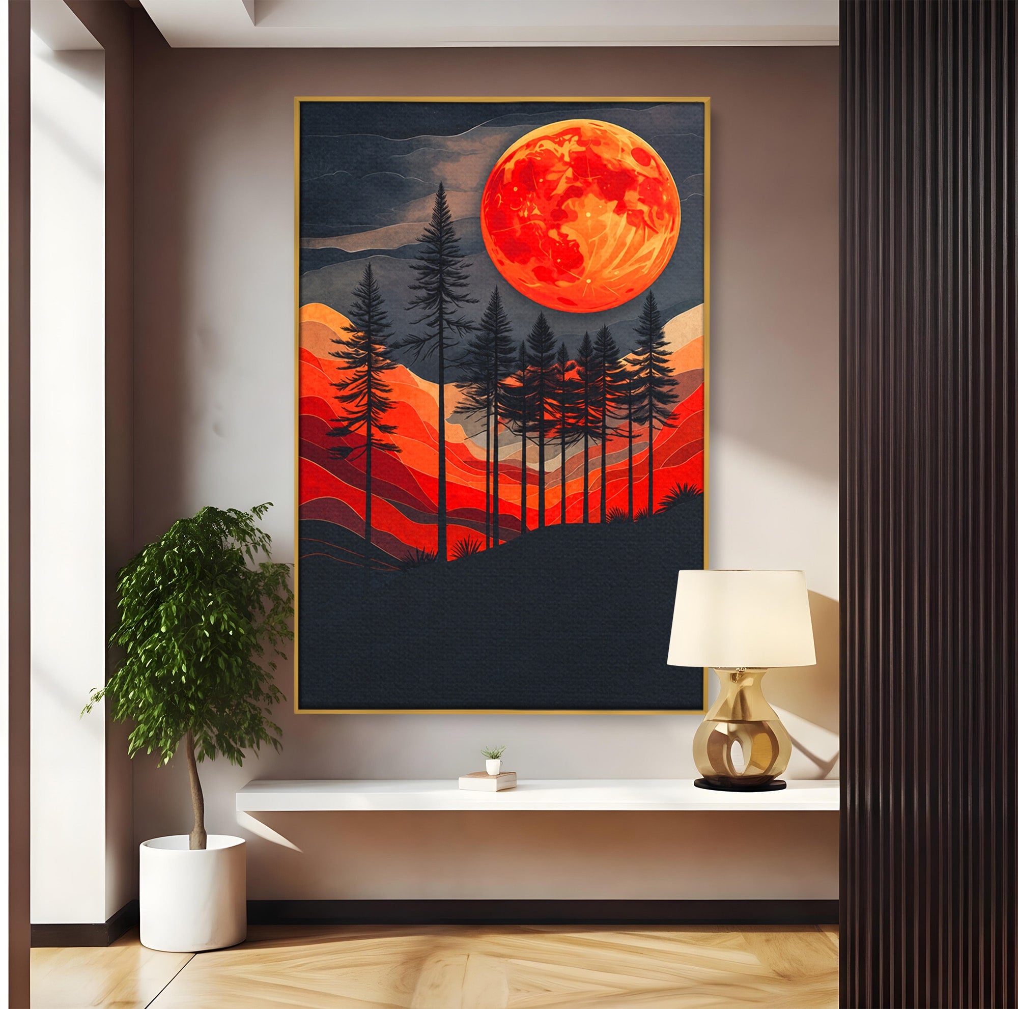 Tablou Canvas Premium LuxCanva® A1718, Luna Rosie Peste Padure, Luna, Padure, Peisaj, Apus, Dormitor, Culori Vibrante