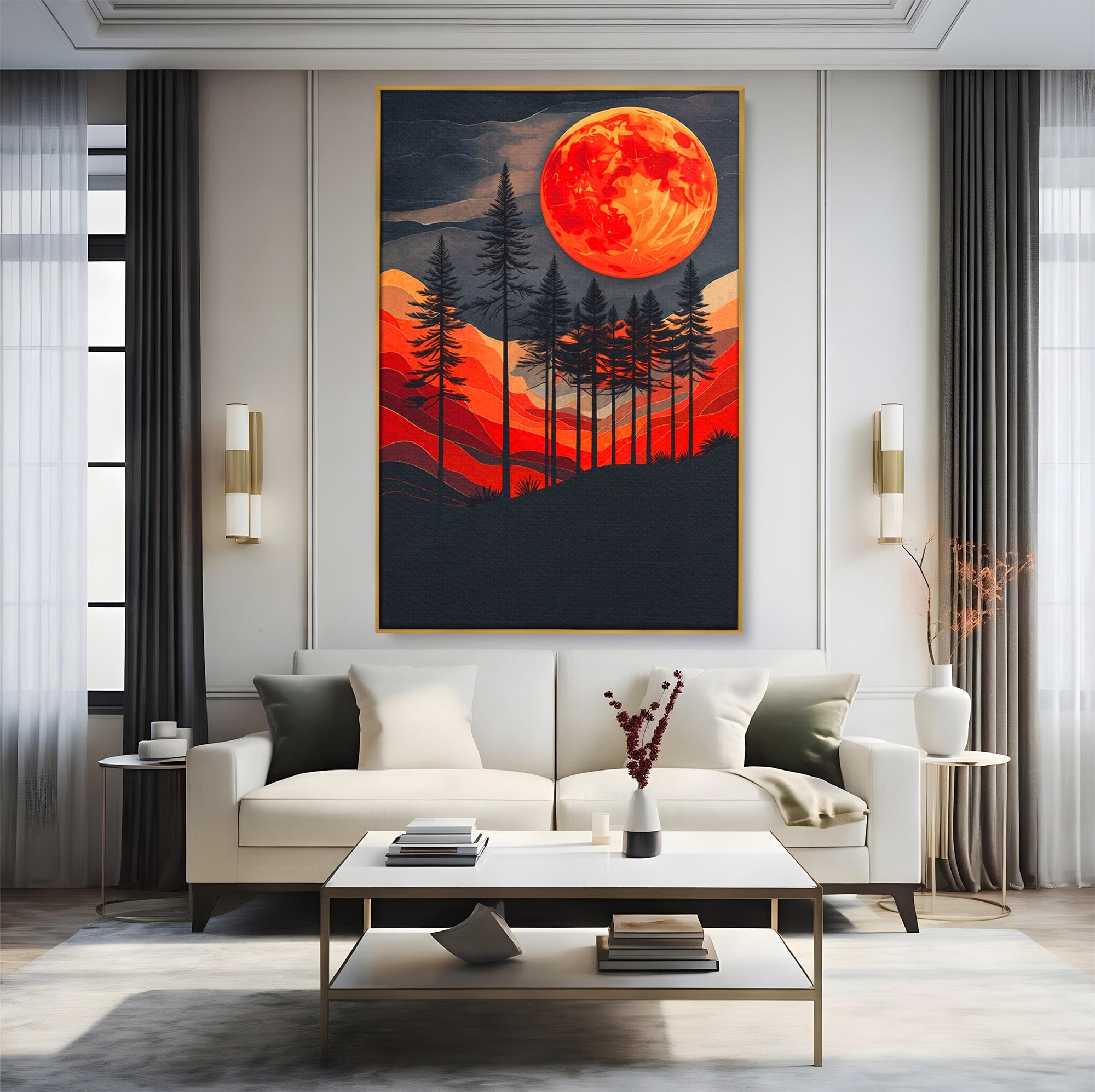 Tablou Canvas Premium LuxCanva® A1718, Luna Rosie Peste Padure, Luna, Padure, Peisaj, Apus, Dormitor, Culori Vibrante