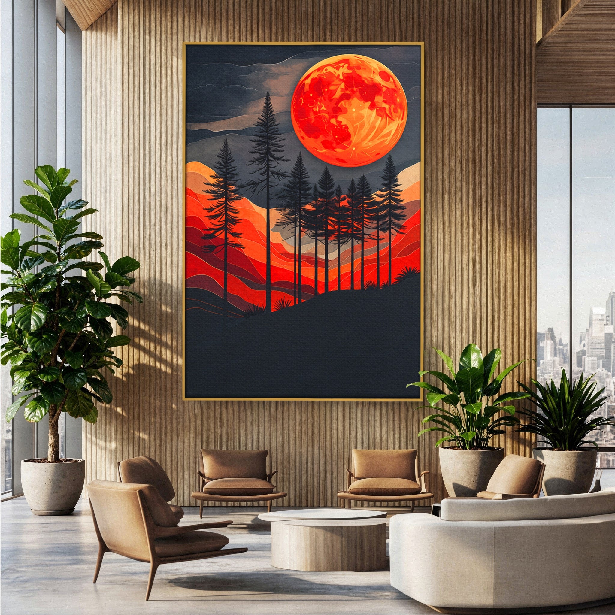 Tablou Canvas Premium LuxCanva® A1718, Luna Rosie Peste Padure, Luna, Padure, Peisaj, Apus, Dormitor, Culori Vibrante