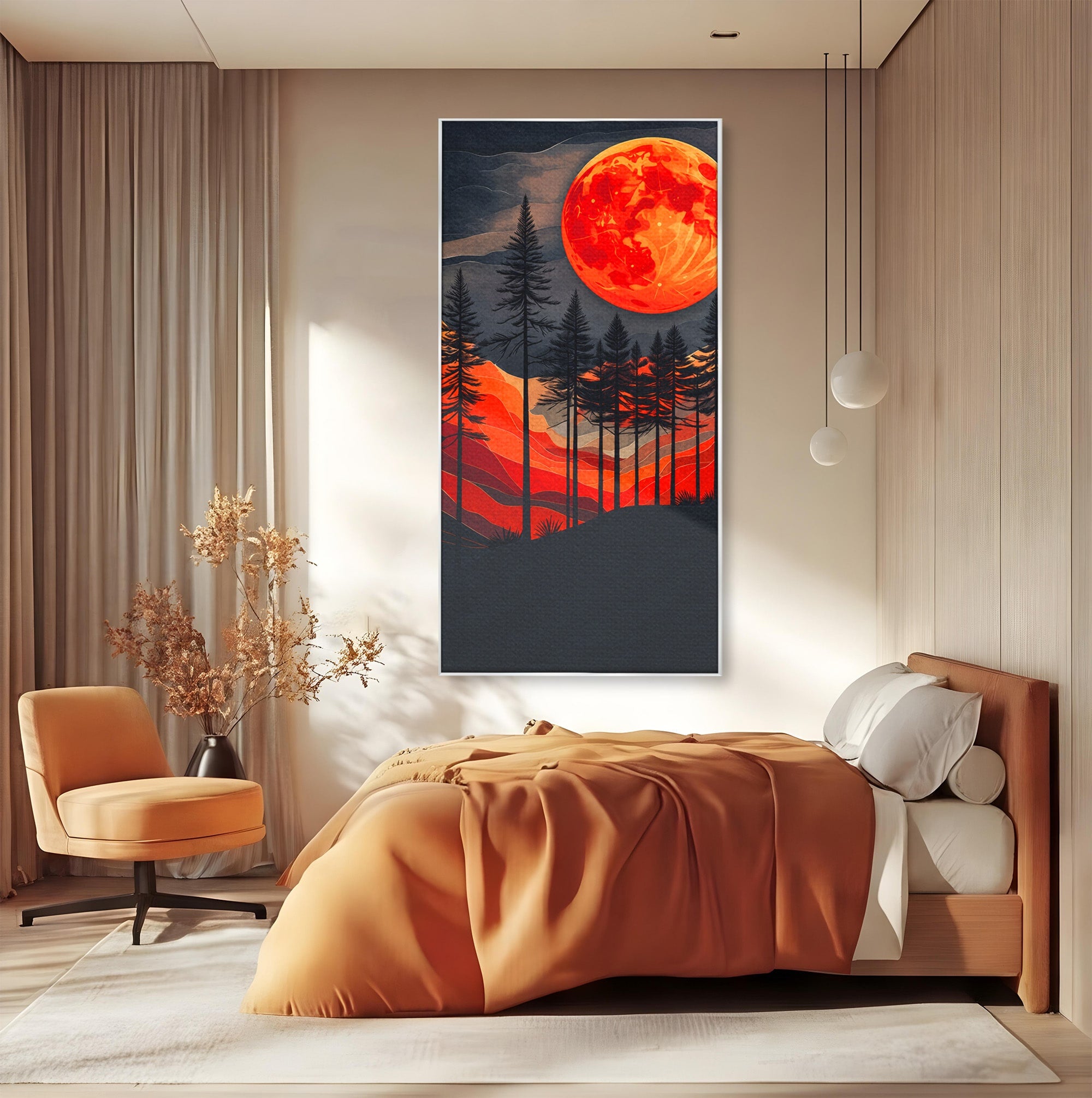 Tablou Canvas Premium LuxCanva® A1718, Luna Rosie Peste Padure, Luna, Padure, Peisaj, Apus, Dormitor, Culori Vibrante