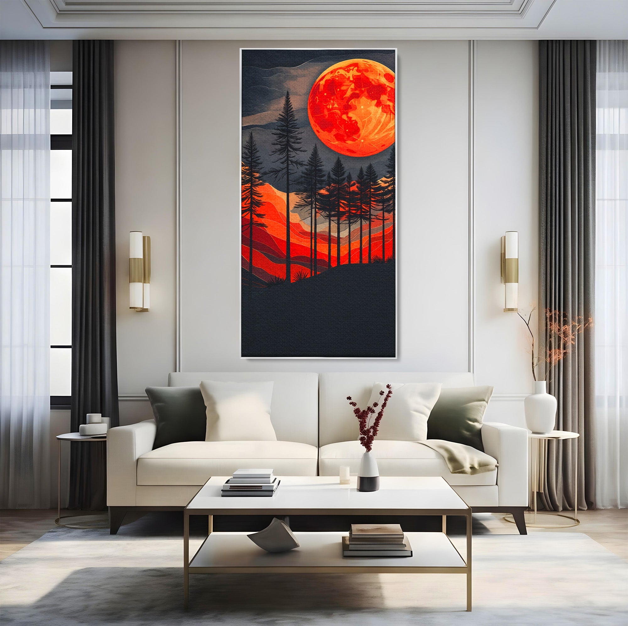 Tablou Canvas Premium LuxCanva® A1718, Luna Rosie Peste Padure, Luna, Padure, Peisaj, Apus, Dormitor, Culori Vibrante