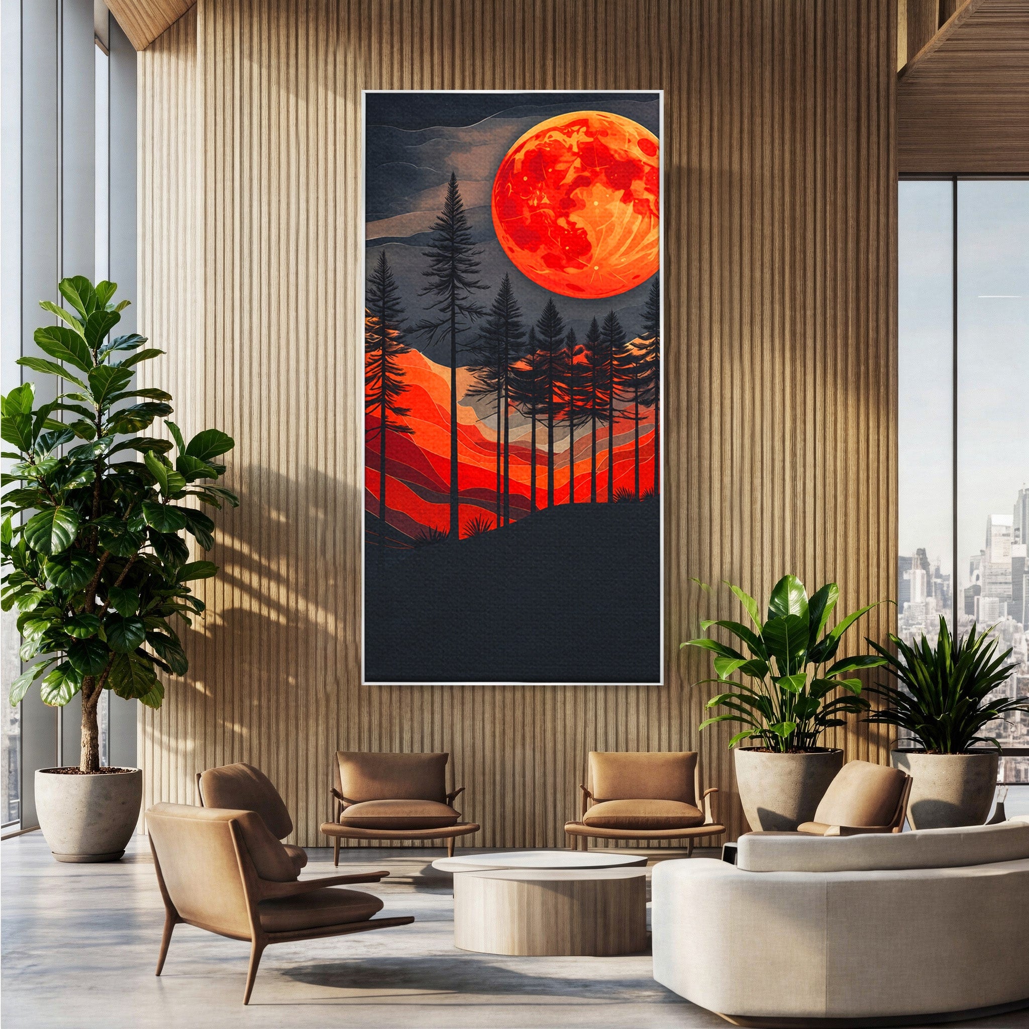 Tablou Canvas Premium LuxCanva® A1718, Luna Rosie Peste Padure, Luna, Padure, Peisaj, Apus, Dormitor, Culori Vibrante