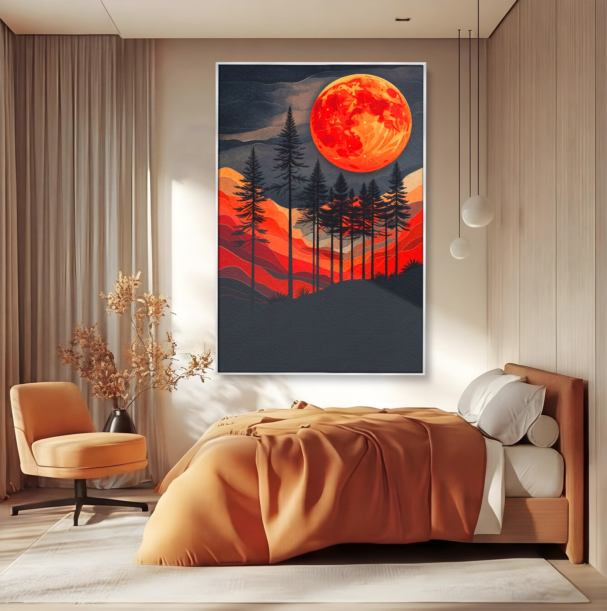 Tablou Canvas Premium LuxCanva® A1718, Luna Rosie Peste Padure, Luna, Padure, Peisaj, Apus, Dormitor, Culori Vibrante