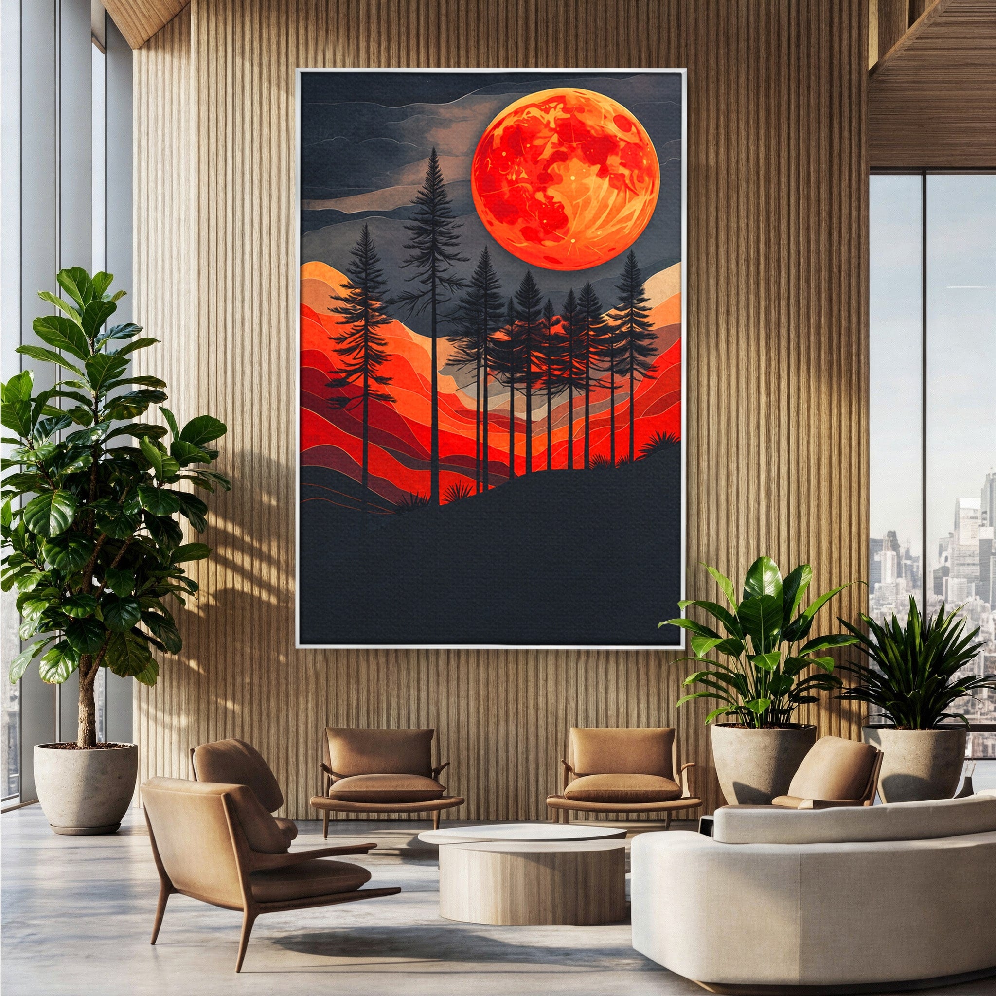 Tablou Canvas Premium LuxCanva® A1718, Luna Rosie Peste Padure, Luna, Padure, Peisaj, Apus, Dormitor, Culori Vibrante