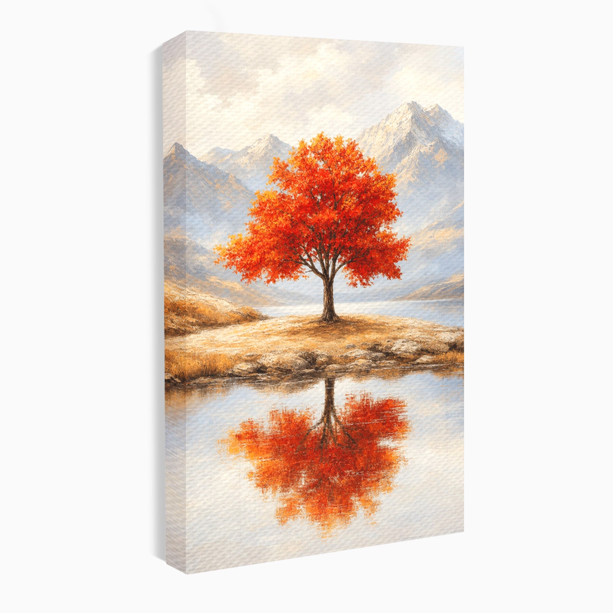 Tablou Canvas Premium LuxCanva® A1719, Copacul Singuratic, Copac, Peisaj, Toamna, Lac, Living, Culori Vibrante