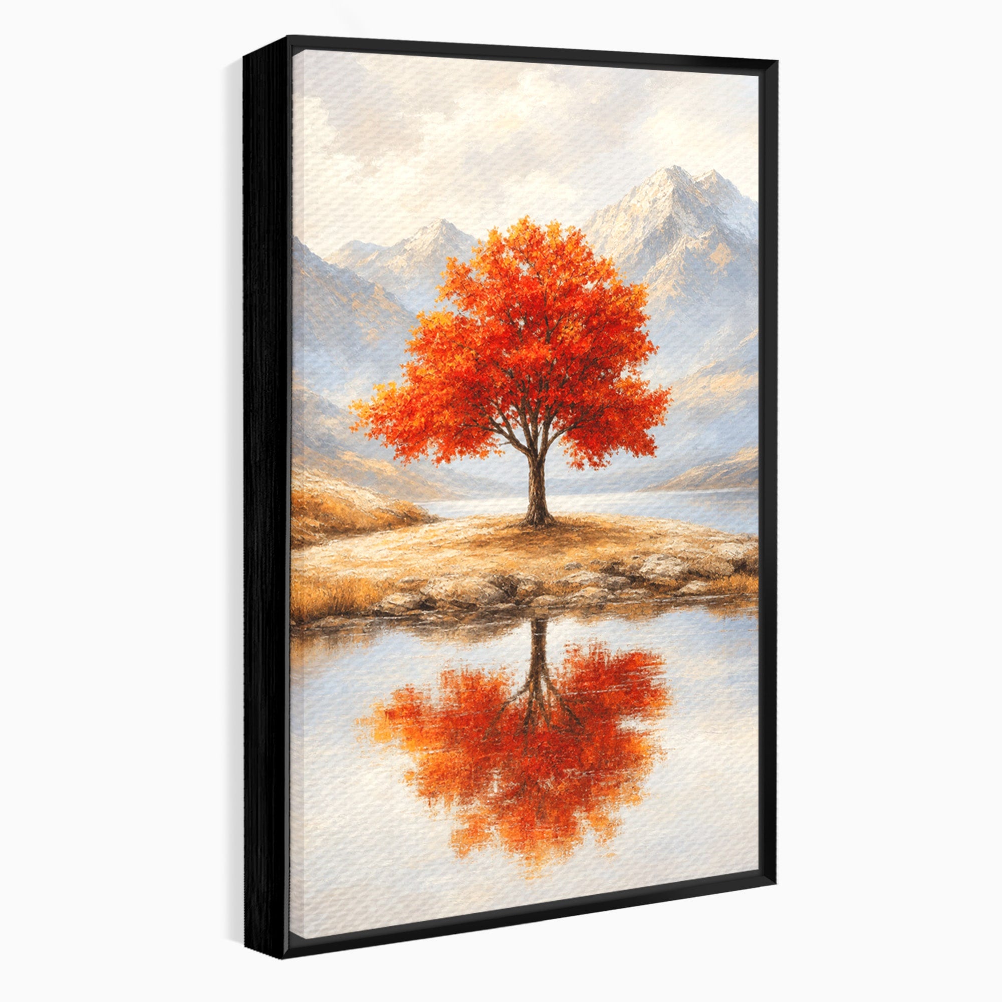 Tablou Canvas Premium LuxCanva® A1719, Copacul Singuratic, Copac, Peisaj, Toamna, Lac, Living, Culori Vibrante
