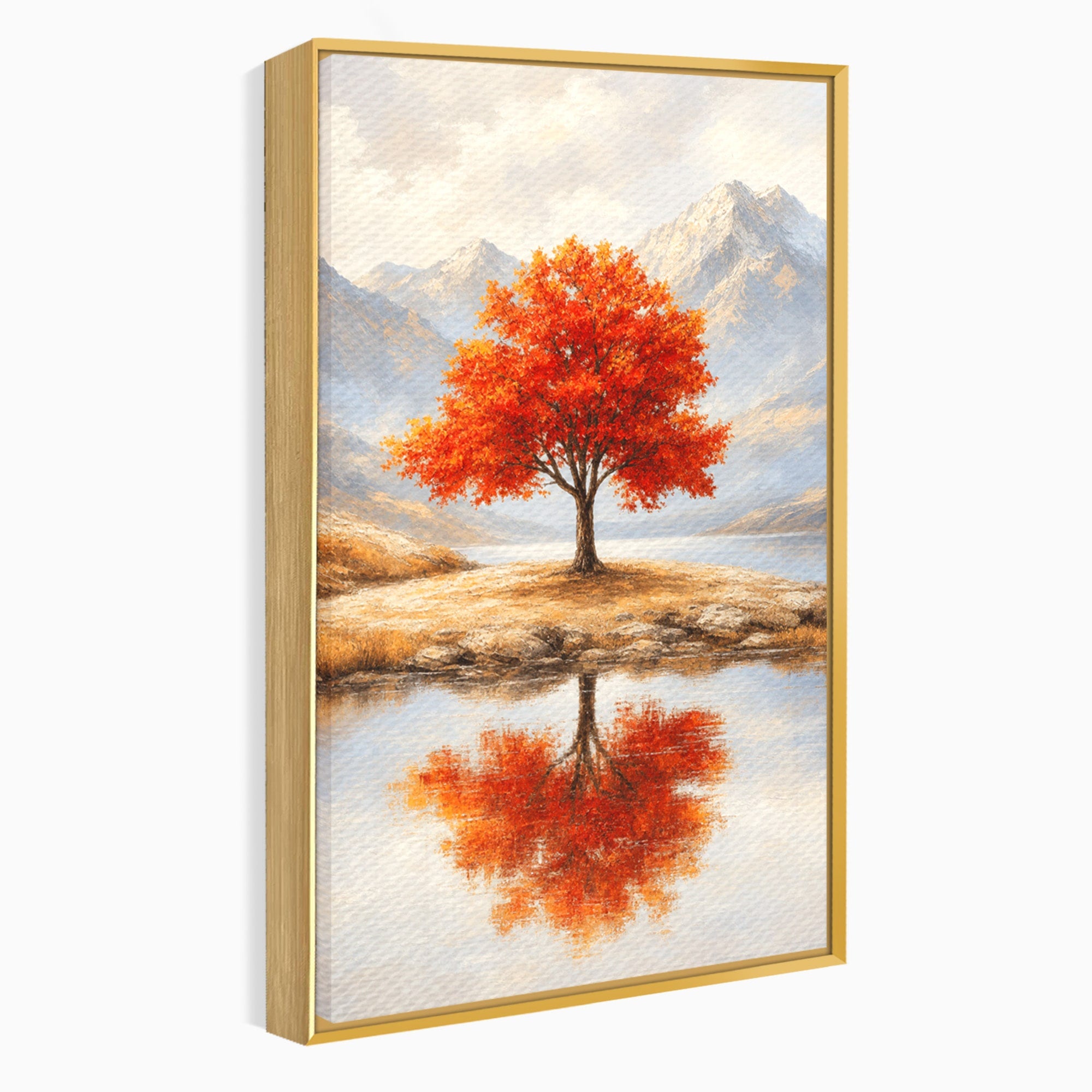 Tablou Canvas Premium LuxCanva® A1719, Copacul Singuratic, Copac, Peisaj, Toamna, Lac, Living, Culori Vibrante