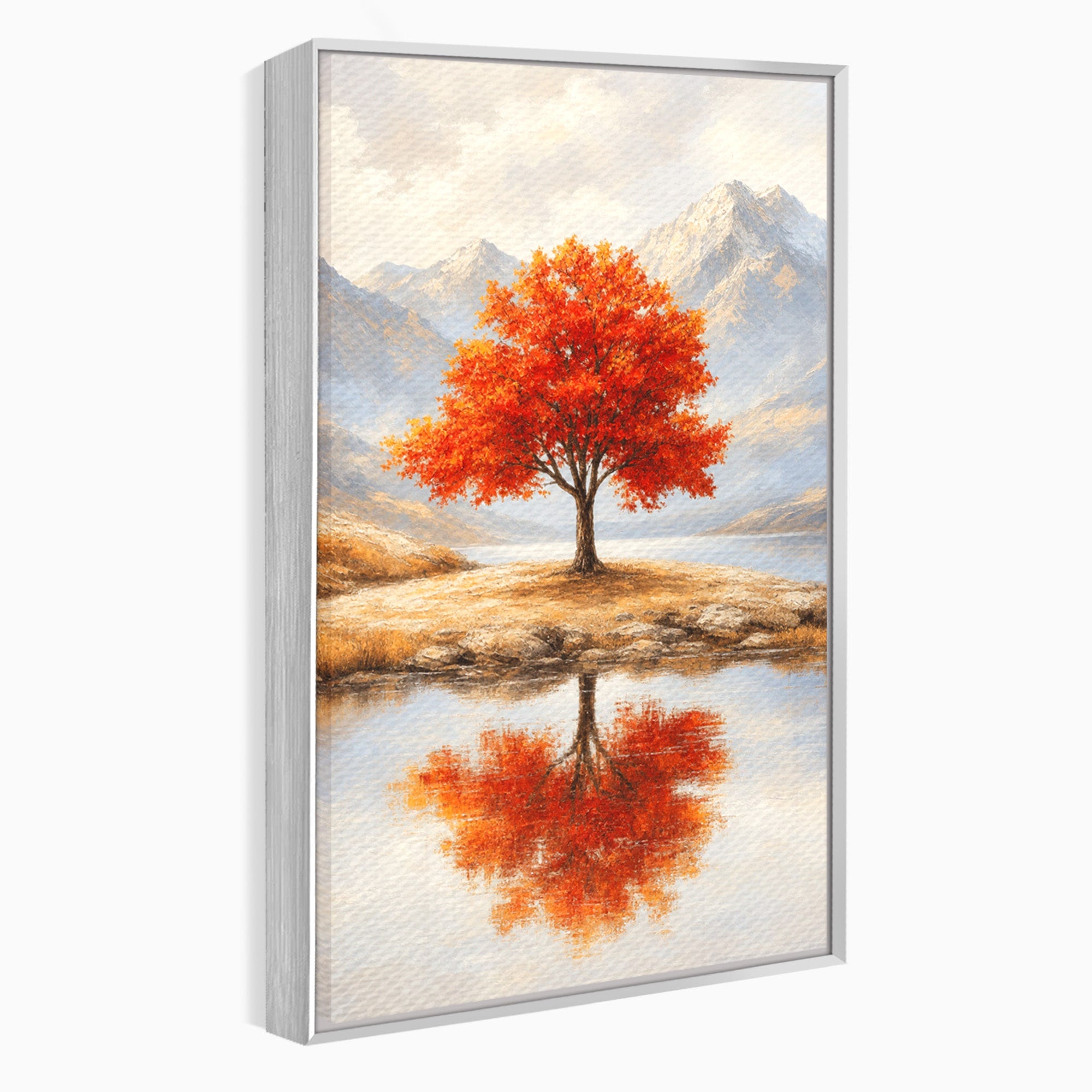 Tablou Canvas Premium LuxCanva® A1719, Copacul Singuratic, Copac, Peisaj, Toamna, Lac, Living, Culori Vibrante