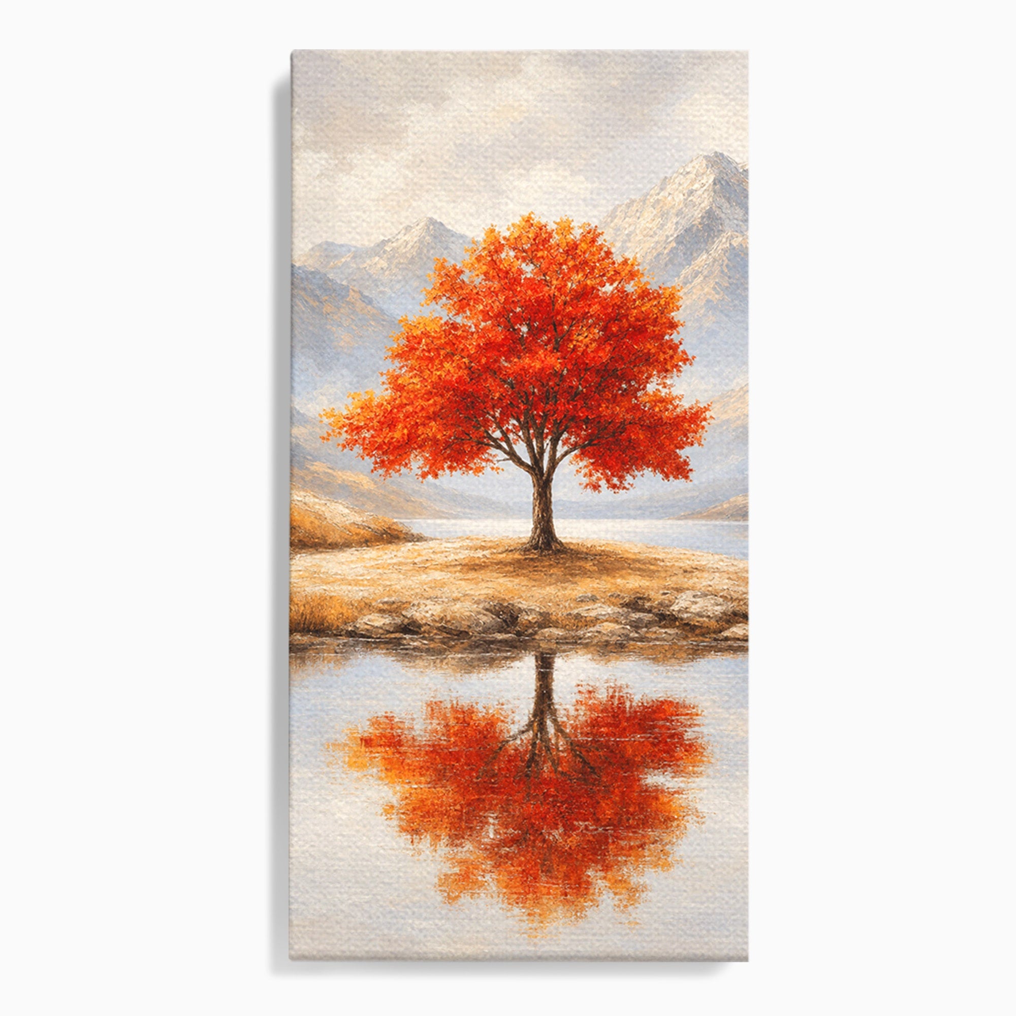 Tablou Canvas Premium LuxCanva® A1719, Copacul Singuratic, Copac, Peisaj, Toamna, Lac, Living, Culori Vibrante
