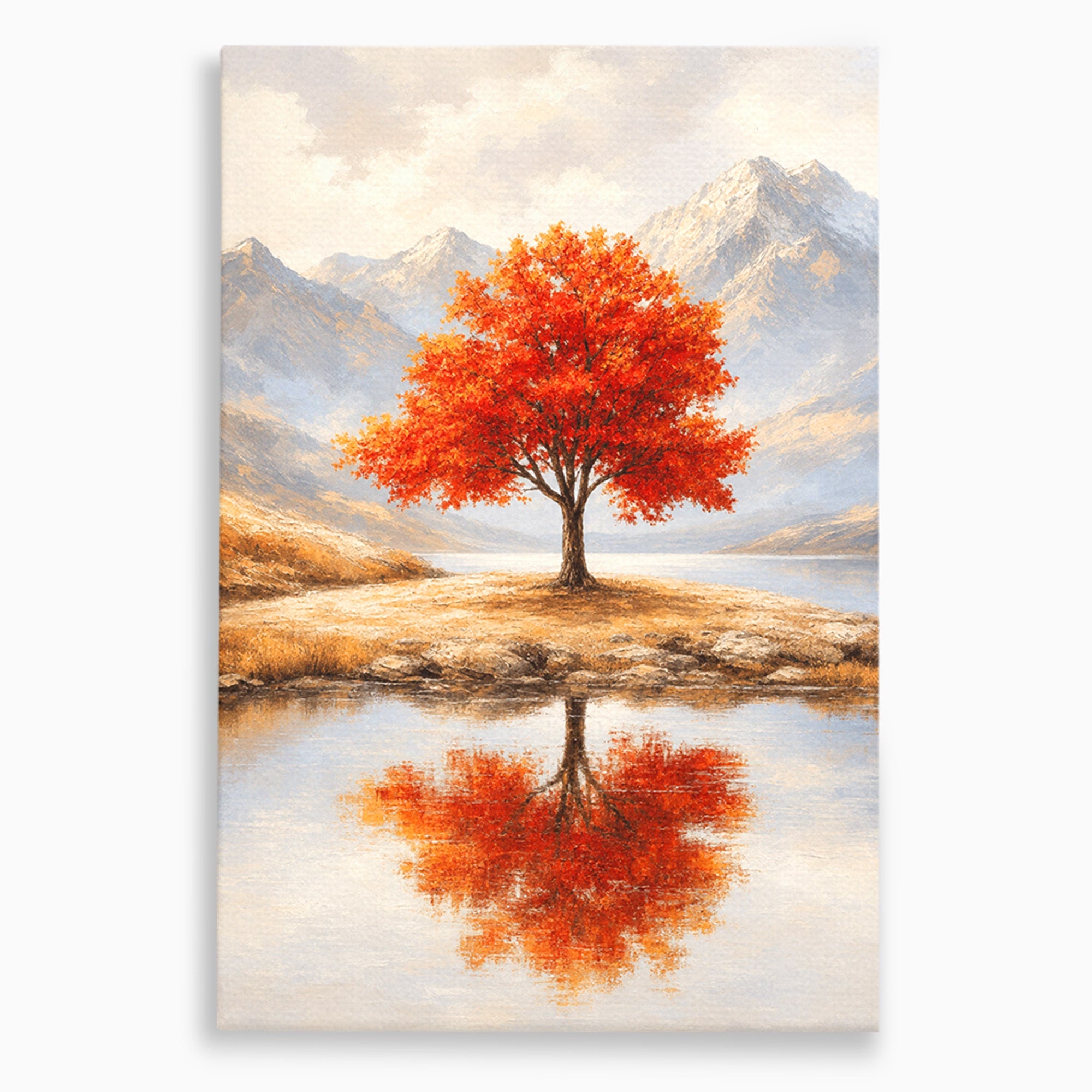 Tablou Canvas Premium LuxCanva® A1719, Copacul Singuratic, Copac, Peisaj, Toamna, Lac, Living, Culori Vibrante