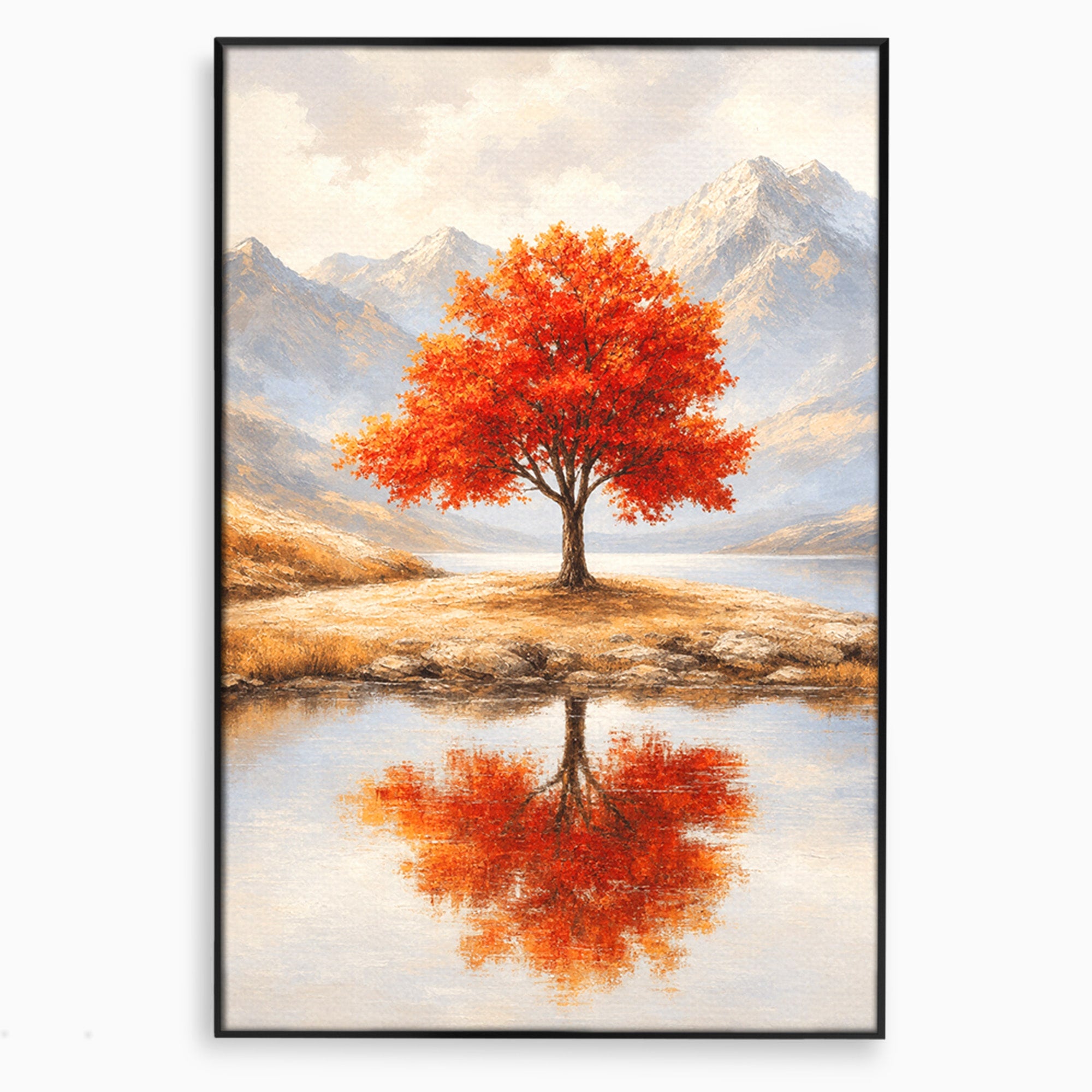 Tablou Canvas Premium LuxCanva® A1719, Copacul Singuratic, Copac, Peisaj, Toamna, Lac, Living, Culori Vibrante