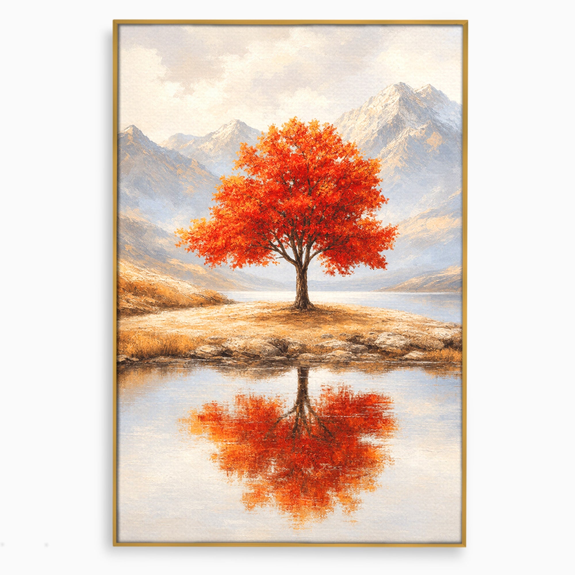 Tablou Canvas Premium LuxCanva® A1719, Copacul Singuratic, Copac, Peisaj, Toamna, Lac, Living, Culori Vibrante