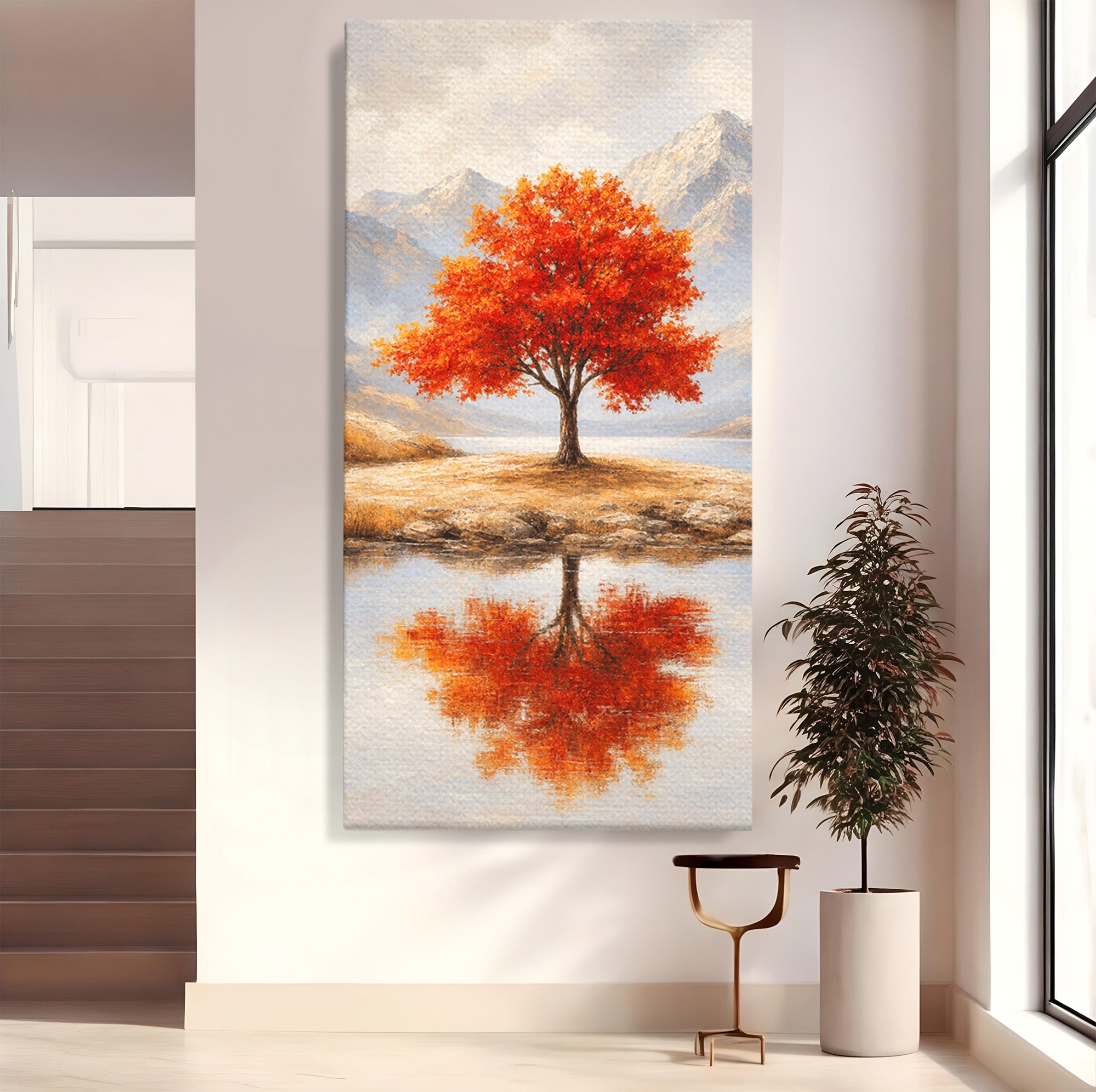 Tablou Canvas Premium LuxCanva® A1719, Copacul Singuratic, Copac, Peisaj, Toamna, Lac, Living, Culori Vibrante
