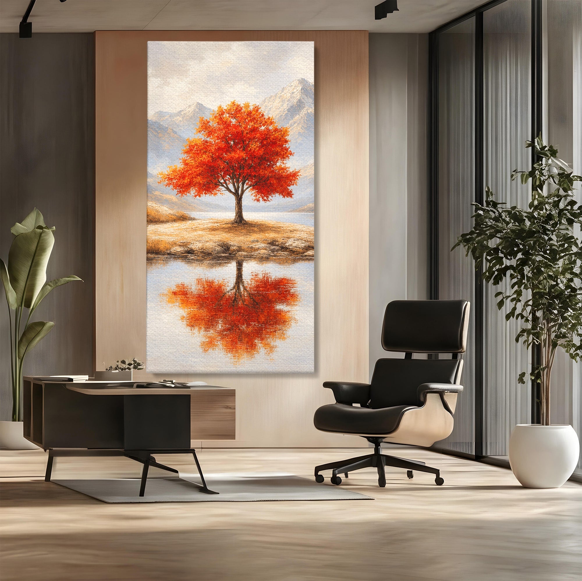 Tablou Canvas Premium LuxCanva® A1719, Copacul Singuratic, Copac, Peisaj, Toamna, Lac, Living, Culori Vibrante