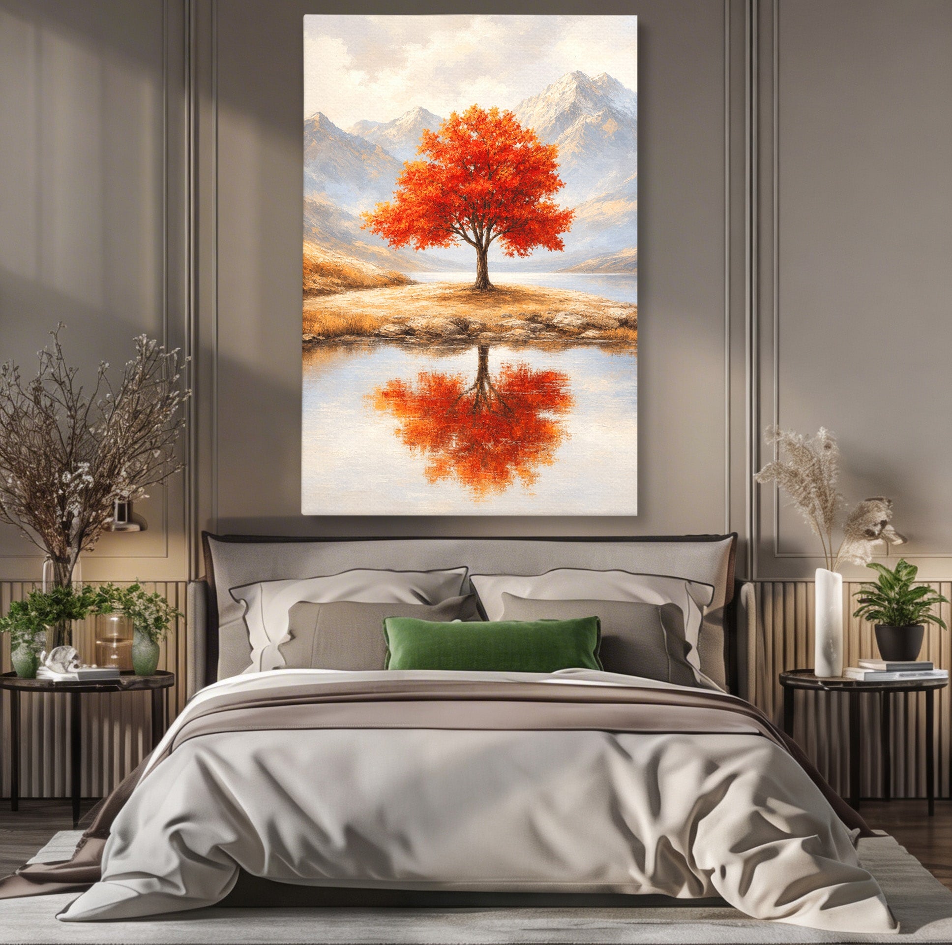 Tablou Canvas Premium LuxCanva® A1719, Copacul Singuratic, Copac, Peisaj, Toamna, Lac, Living, Culori Vibrante