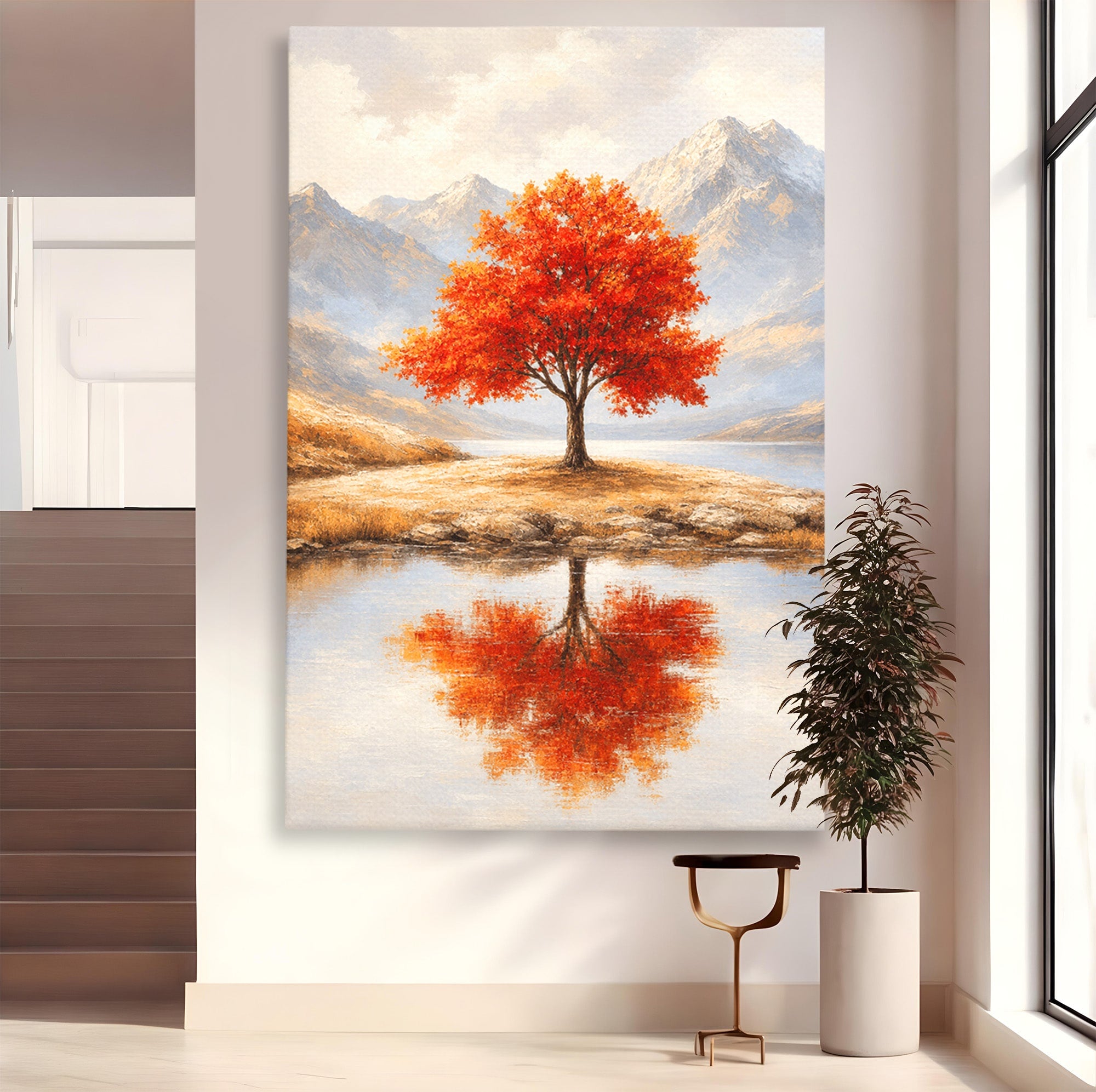 Tablou Canvas Premium LuxCanva® A1719, Copacul Singuratic, Copac, Peisaj, Toamna, Lac, Living, Culori Vibrante