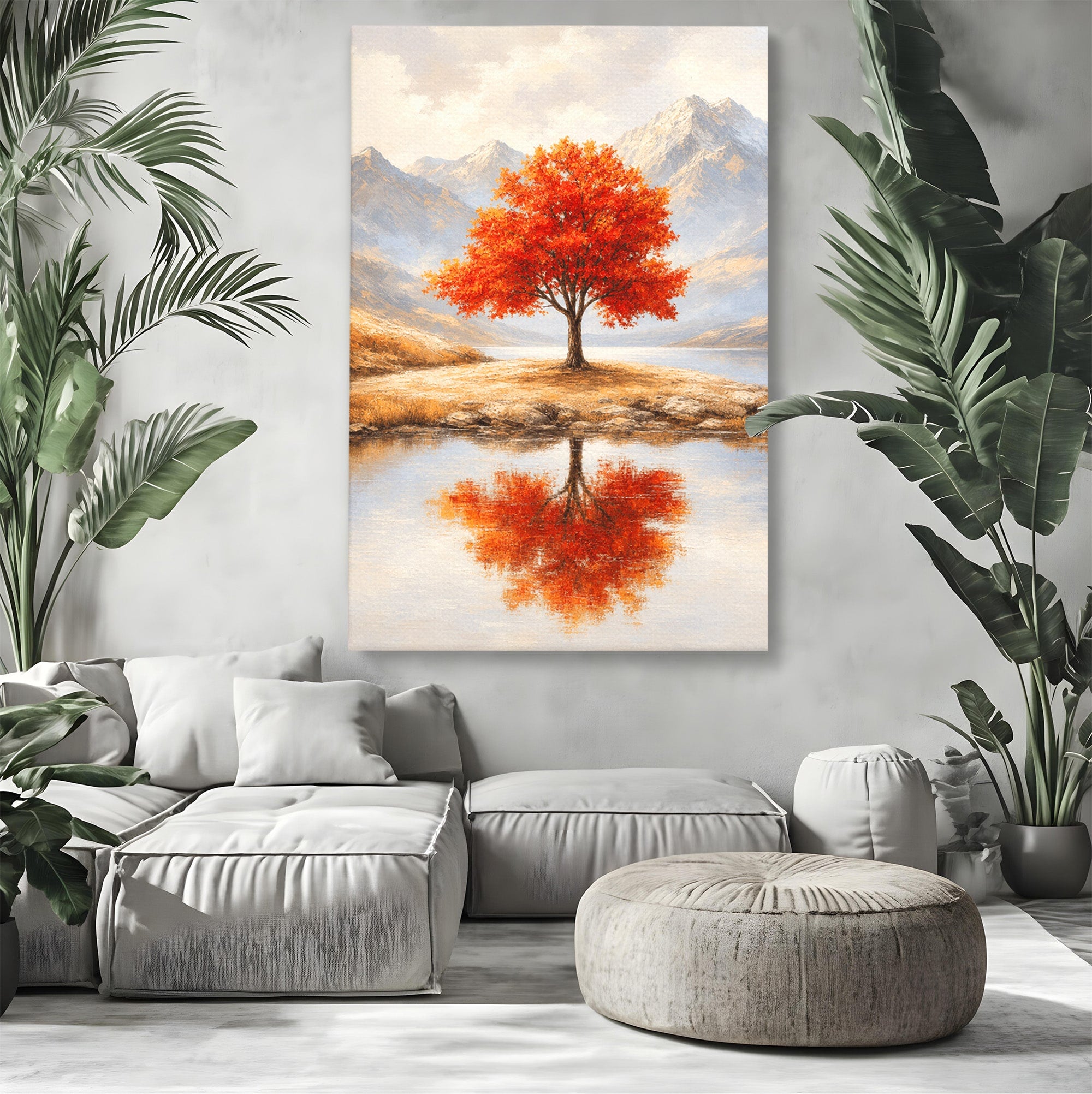 Tablou Canvas Premium LuxCanva® A1719, Copacul Singuratic, Copac, Peisaj, Toamna, Lac, Living, Culori Vibrante