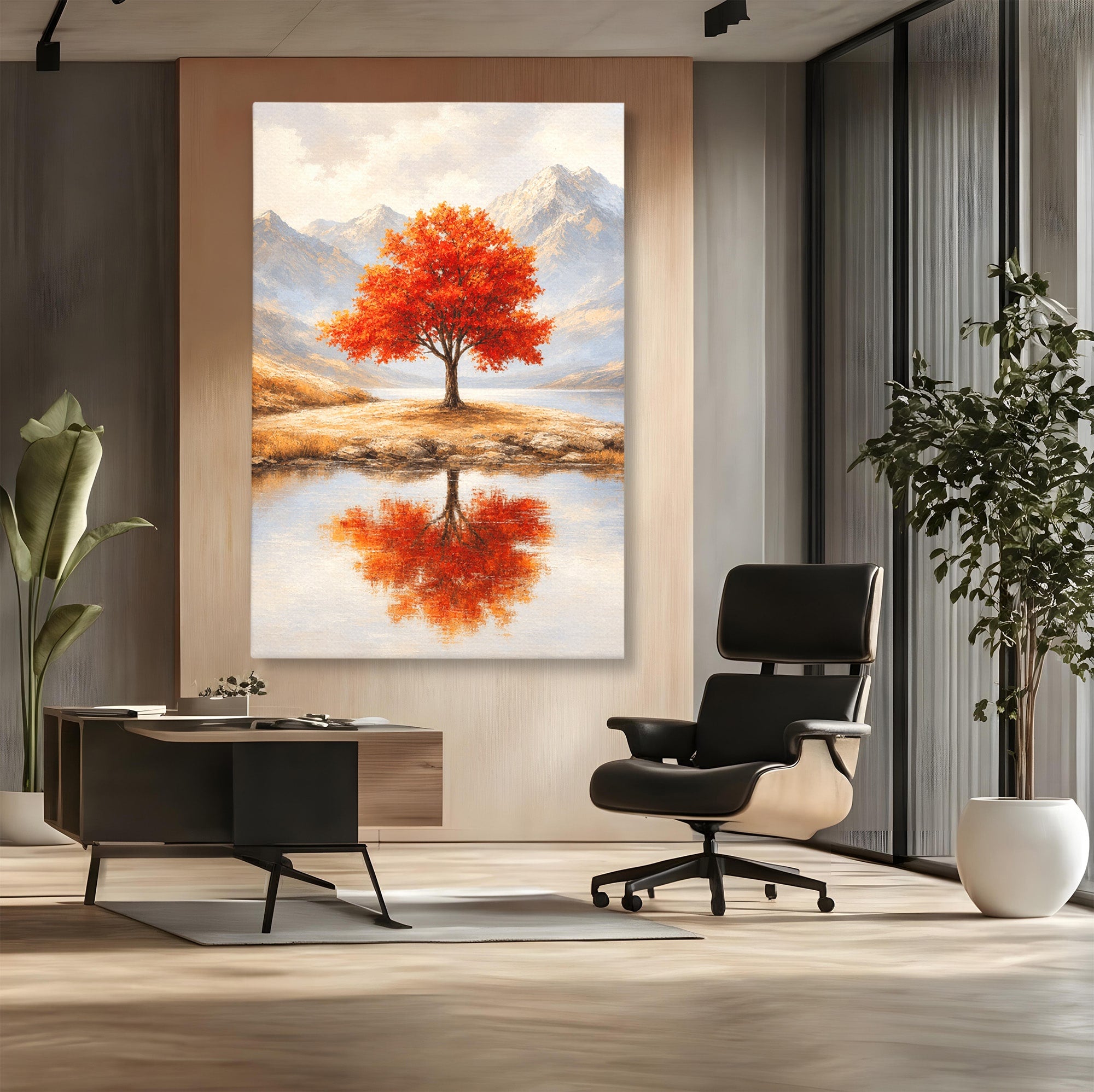 Tablou Canvas Premium LuxCanva® A1719, Copacul Singuratic, Copac, Peisaj, Toamna, Lac, Living, Culori Vibrante