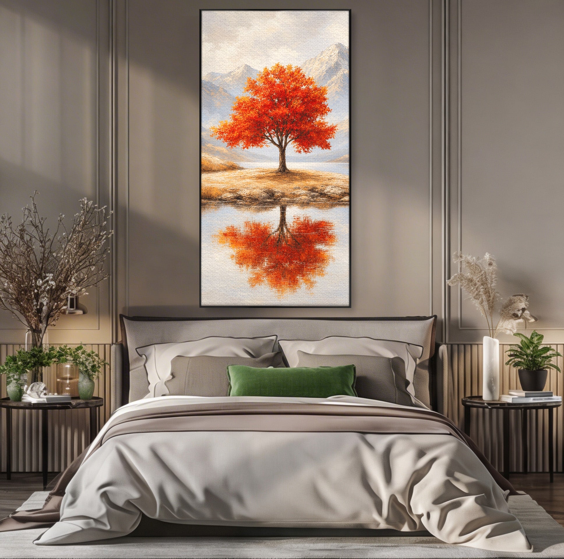 Tablou Canvas Premium LuxCanva® A1719, Copacul Singuratic, Copac, Peisaj, Toamna, Lac, Living, Culori Vibrante