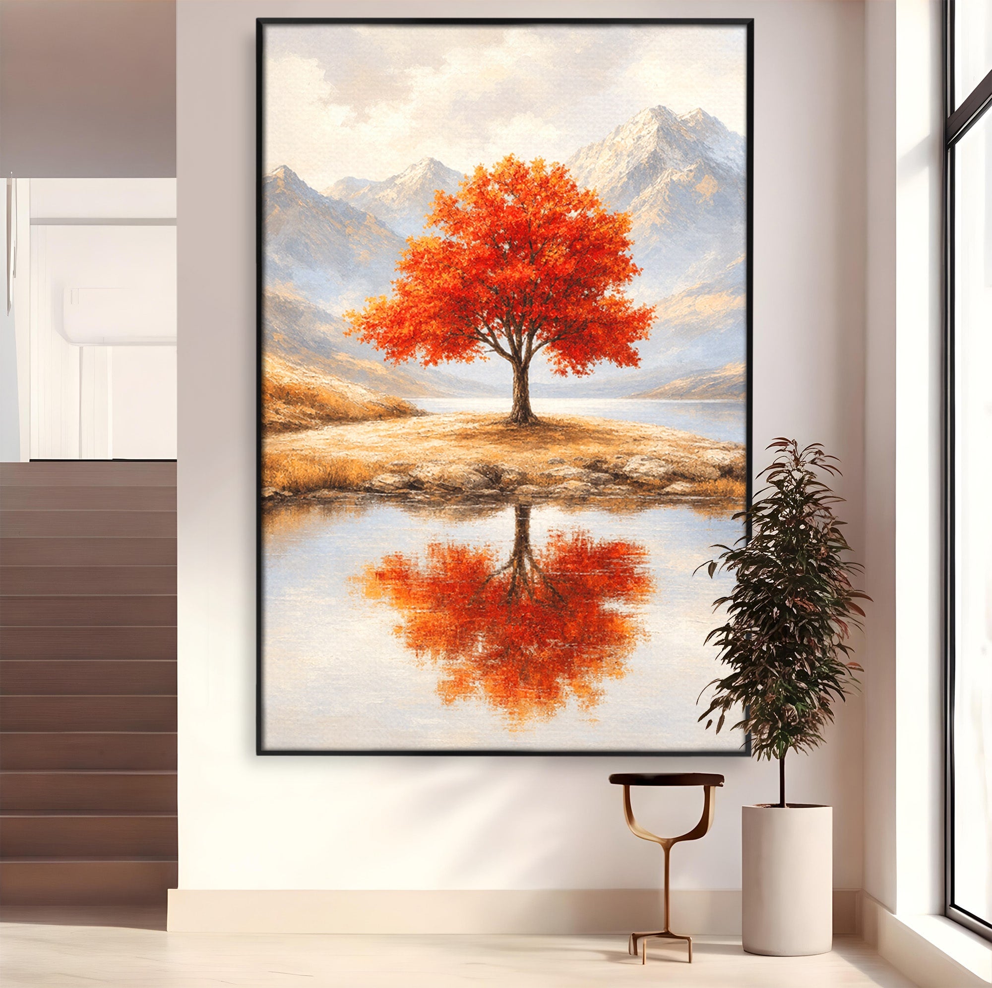 Tablou Canvas Premium LuxCanva® A1719, Copacul Singuratic, Copac, Peisaj, Toamna, Lac, Living, Culori Vibrante