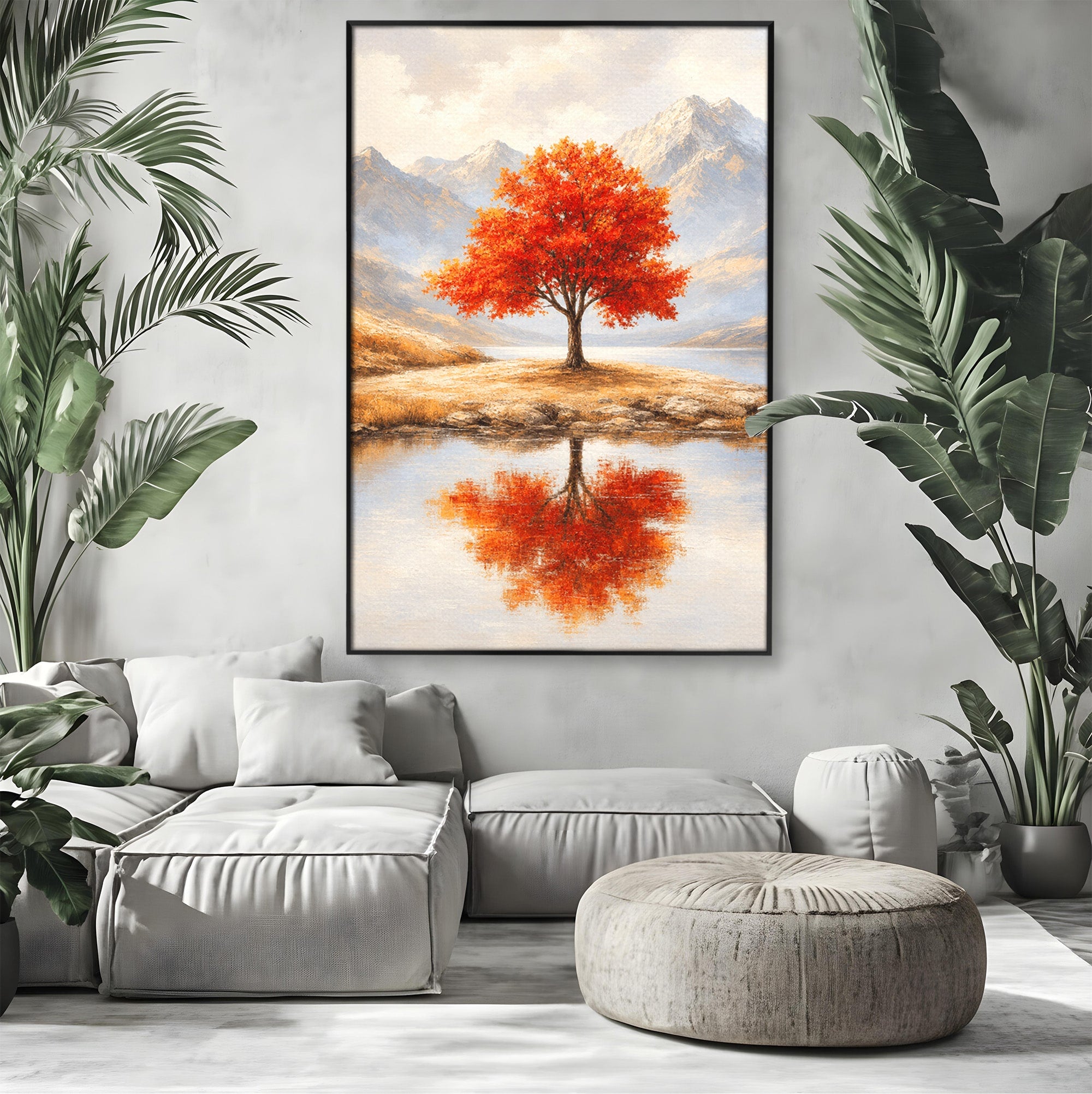Tablou Canvas Premium LuxCanva® A1719, Copacul Singuratic, Copac, Peisaj, Toamna, Lac, Living, Culori Vibrante
