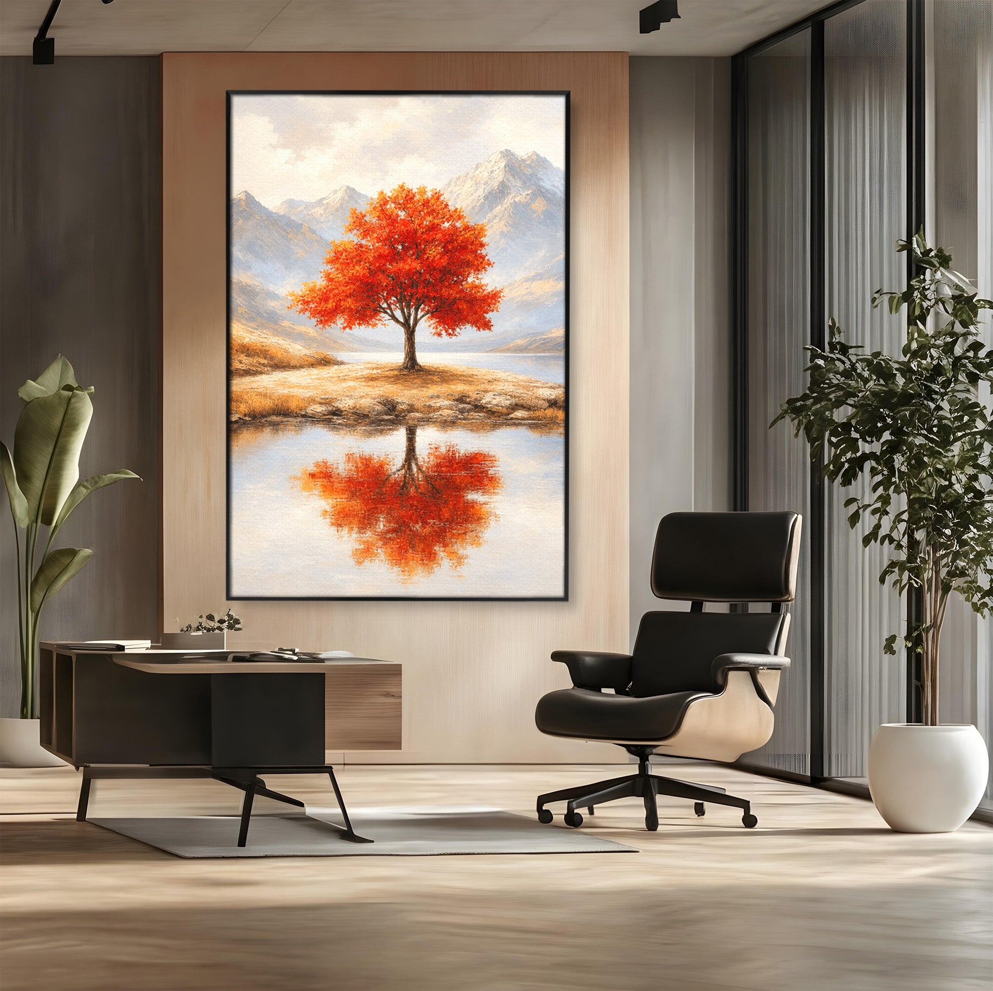 Tablou Canvas Premium LuxCanva® A1719, Copacul Singuratic, Copac, Peisaj, Toamna, Lac, Living, Culori Vibrante