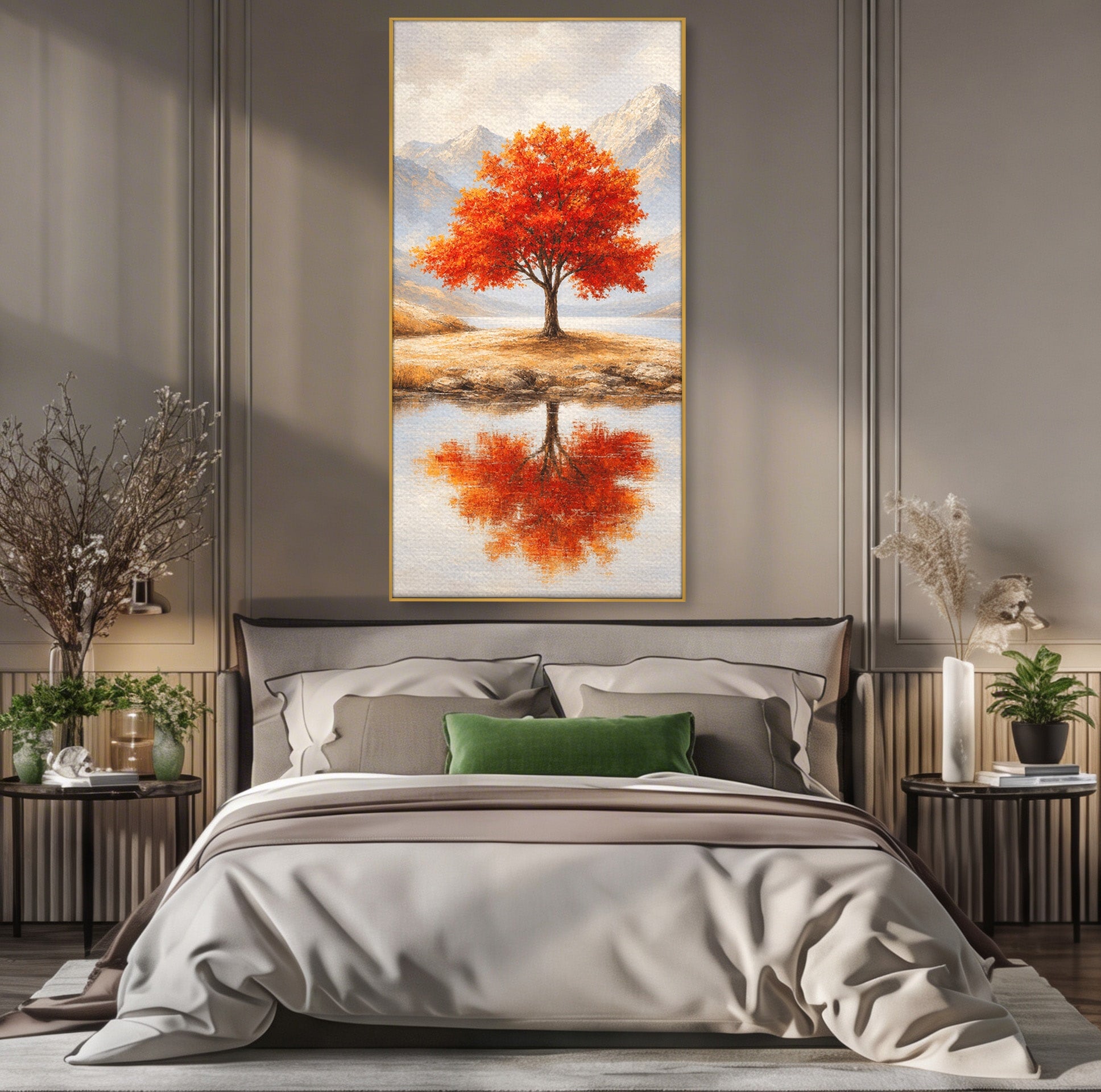 Tablou Canvas Premium LuxCanva® A1719, Copacul Singuratic, Copac, Peisaj, Toamna, Lac, Living, Culori Vibrante