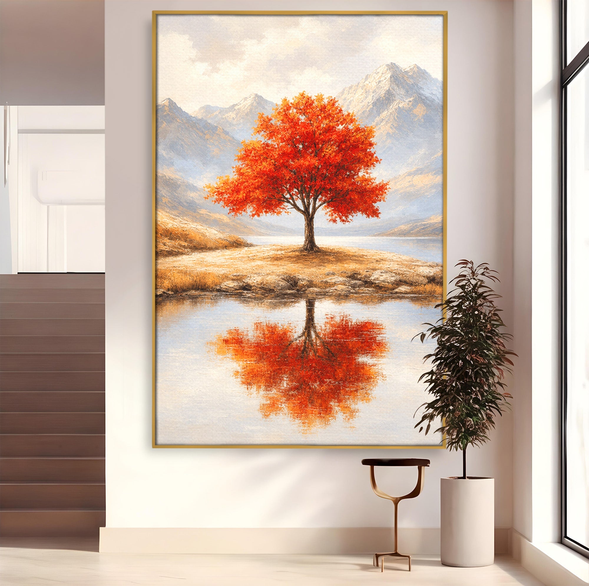 Tablou Canvas Premium LuxCanva® A1719, Copacul Singuratic, Copac, Peisaj, Toamna, Lac, Living, Culori Vibrante