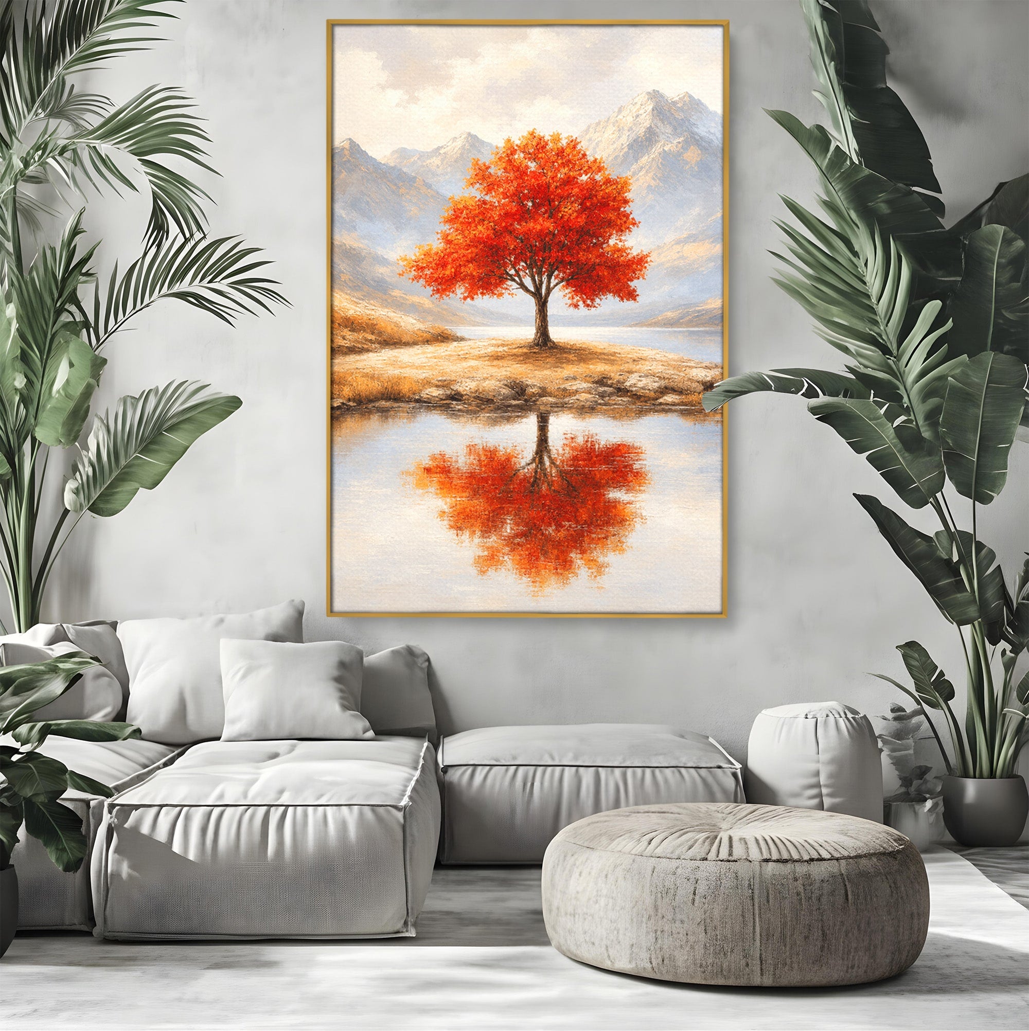 Tablou Canvas Premium LuxCanva® A1719, Copacul Singuratic, Copac, Peisaj, Toamna, Lac, Living, Culori Vibrante