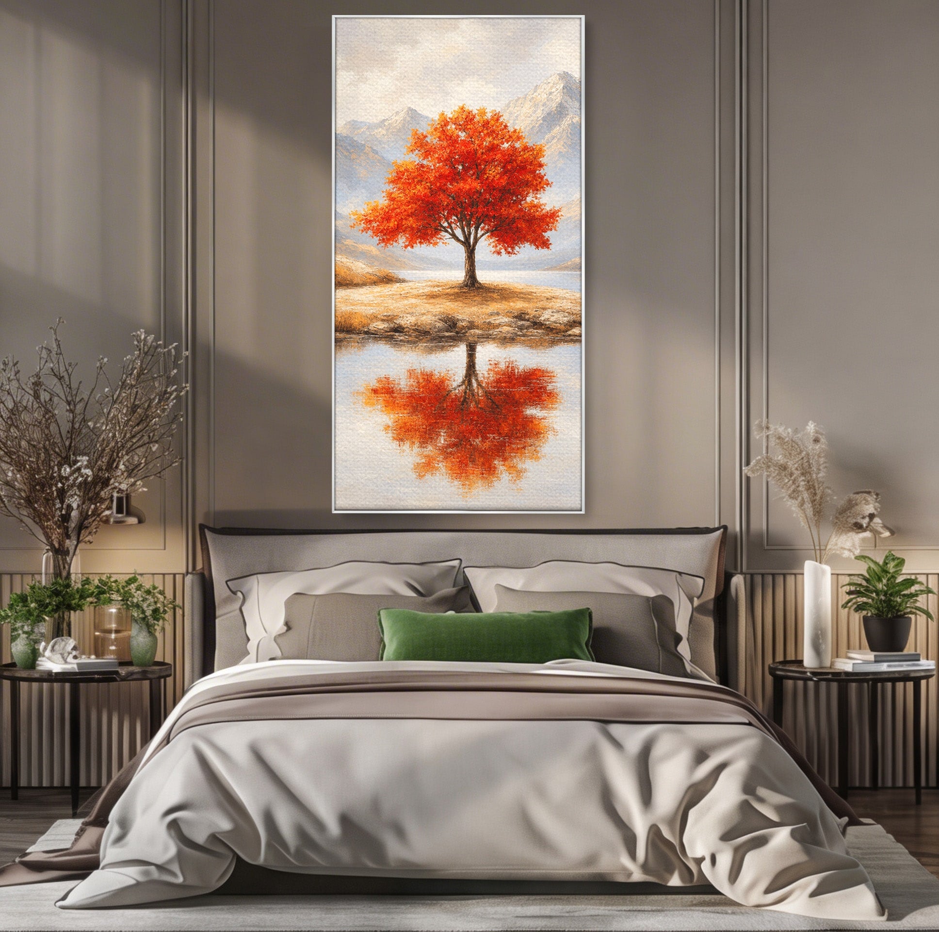 Tablou Canvas Premium LuxCanva® A1719, Copacul Singuratic, Copac, Peisaj, Toamna, Lac, Living, Culori Vibrante