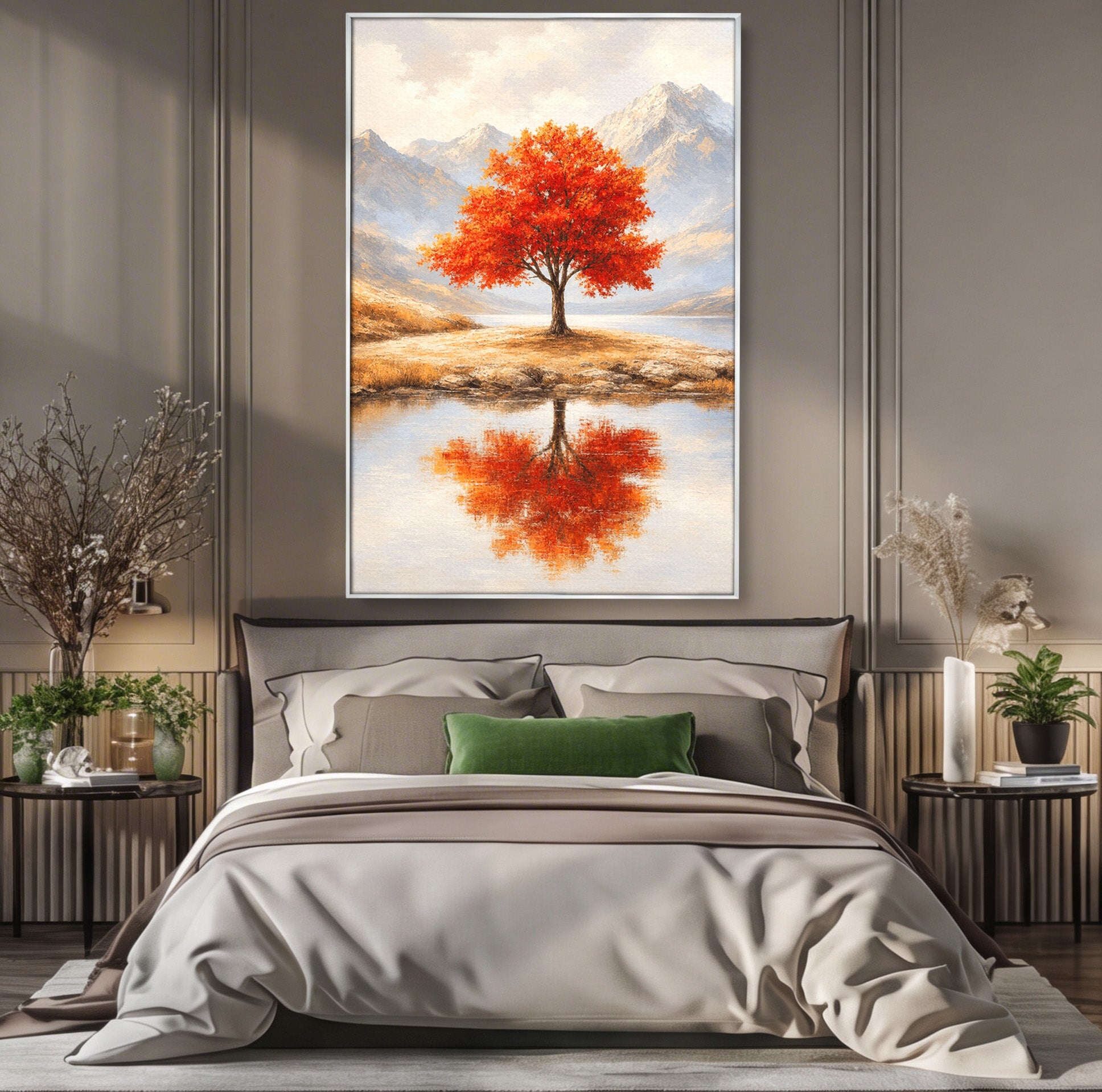 Tablou Canvas Premium LuxCanva® A1719, Copacul Singuratic, Copac, Peisaj, Toamna, Lac, Living, Culori Vibrante