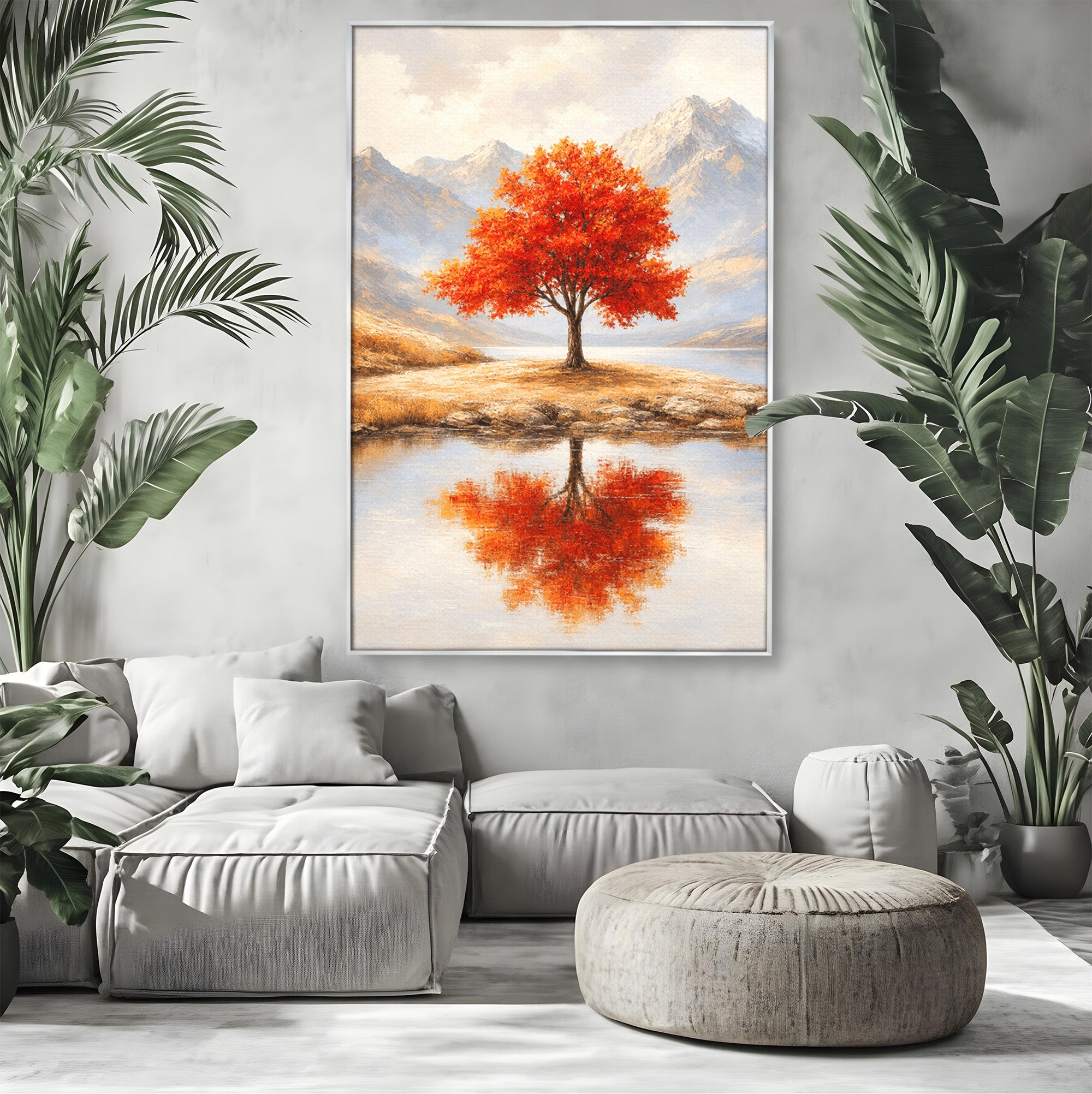 Tablou Canvas Premium LuxCanva® A1719, Copacul Singuratic, Copac, Peisaj, Toamna, Lac, Living, Culori Vibrante