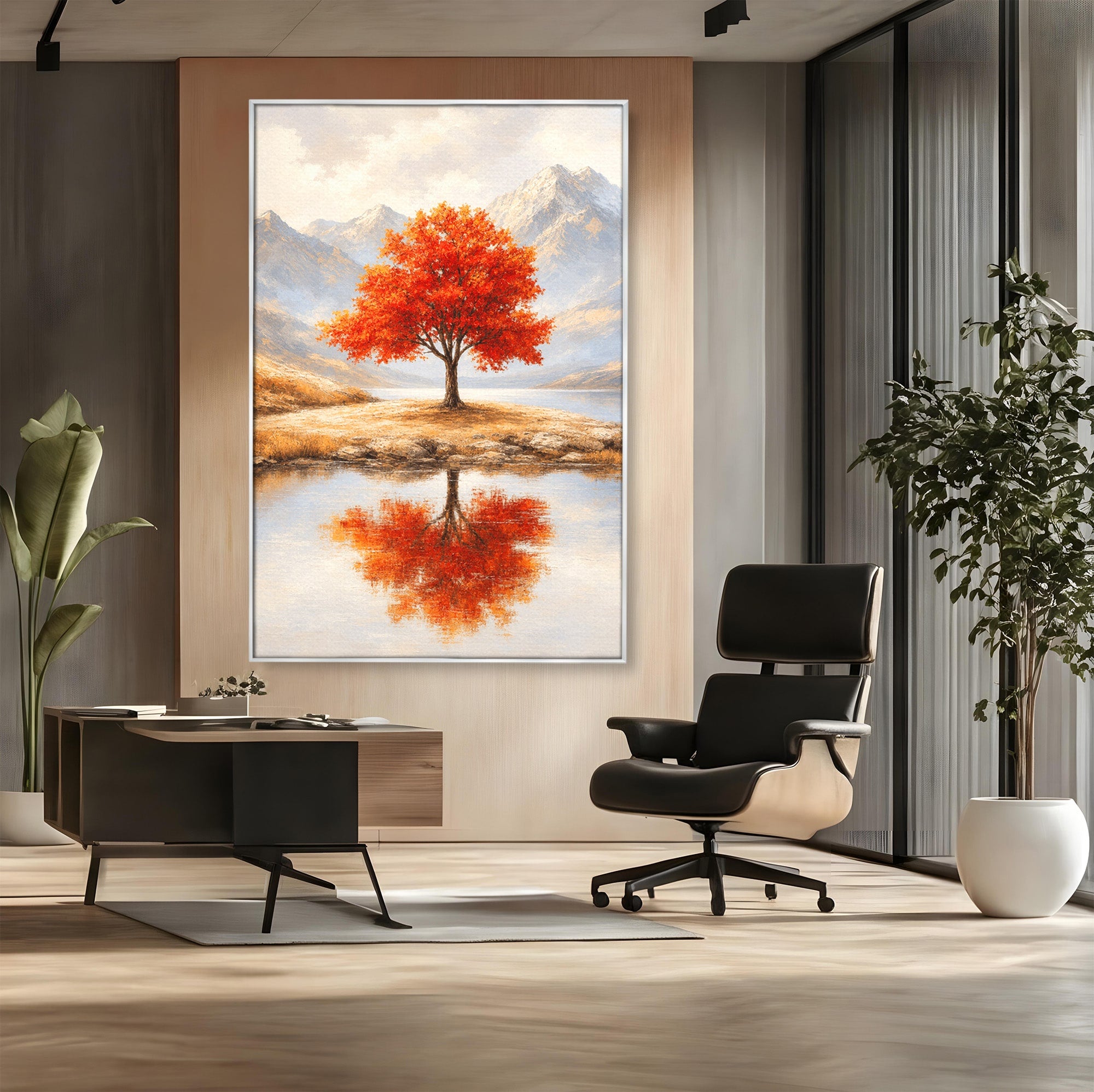 Tablou Canvas Premium LuxCanva® A1719, Copacul Singuratic, Copac, Peisaj, Toamna, Lac, Living, Culori Vibrante