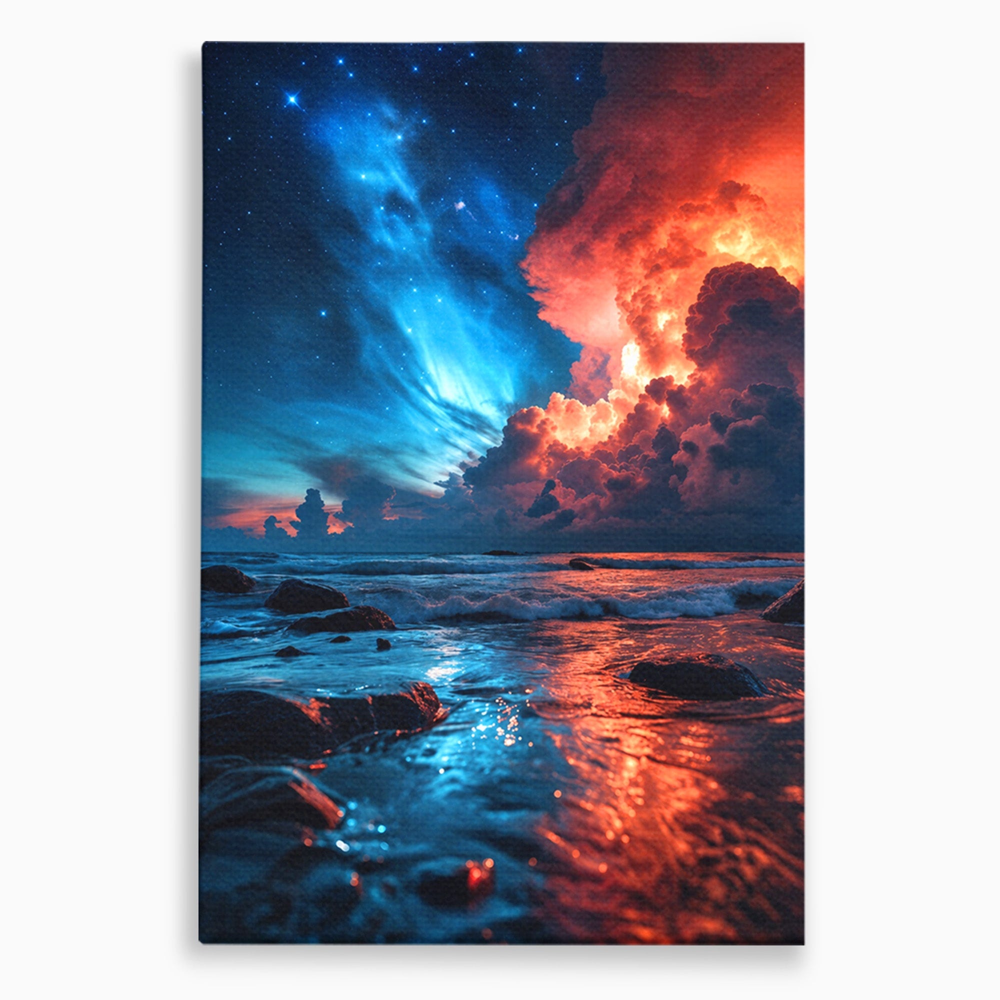 Tablou Canvas Premium LuxCanva® A1721, Apus Cosmic Pe Plaja, Apus, Mare, Natura, Cer, Living, Dormitor, Culori Vibrante