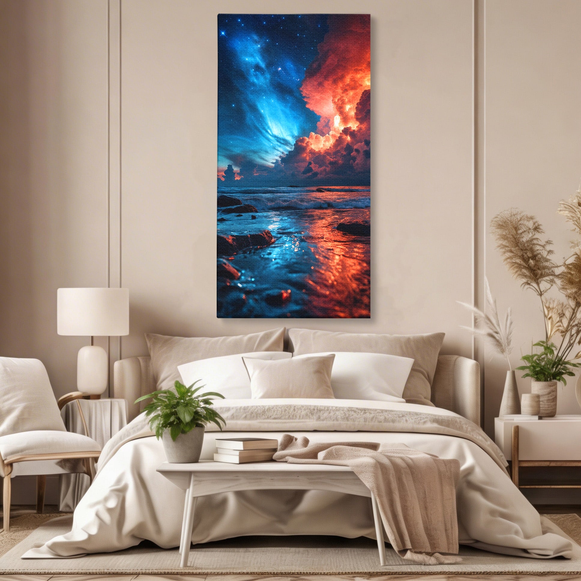 Tablou Canvas Premium LuxCanva® A1721, Apus Cosmic Pe Plaja, Apus, Mare, Natura, Cer, Living, Dormitor, Culori Vibrante