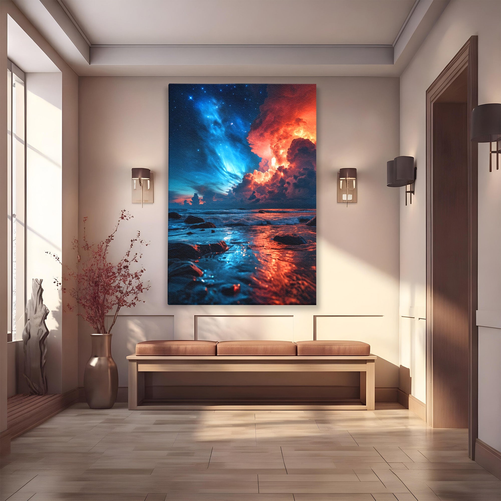 Tablou Canvas Premium LuxCanva® A1721, Apus Cosmic Pe Plaja, Apus, Mare, Natura, Cer, Living, Dormitor, Culori Vibrante