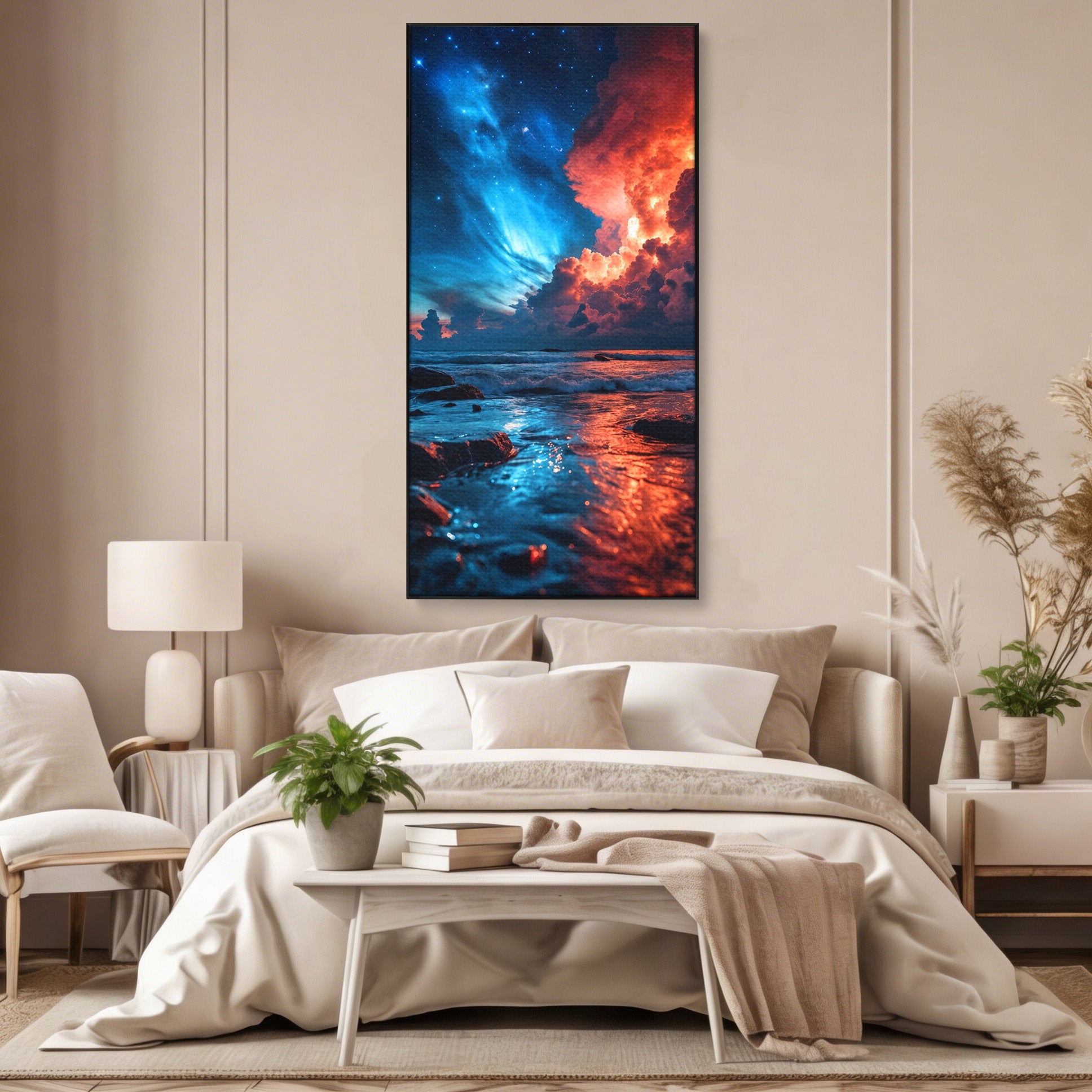 Tablou Canvas Premium LuxCanva® A1721, Apus Cosmic Pe Plaja, Apus, Mare, Natura, Cer, Living, Dormitor, Culori Vibrante