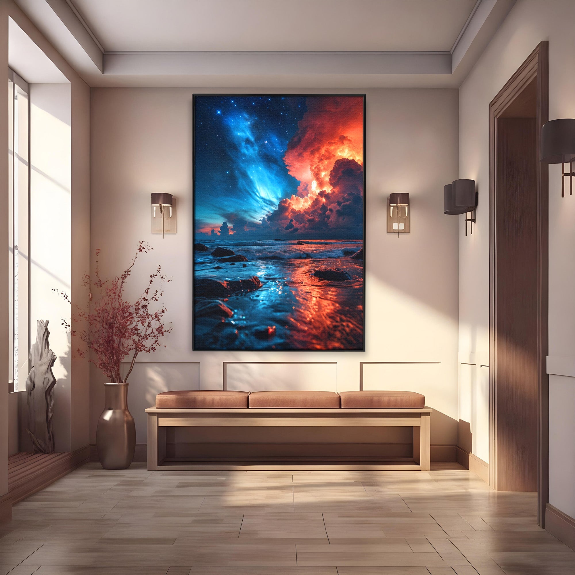 Tablou Canvas Premium LuxCanva® A1721, Apus Cosmic Pe Plaja, Apus, Mare, Natura, Cer, Living, Dormitor, Culori Vibrante