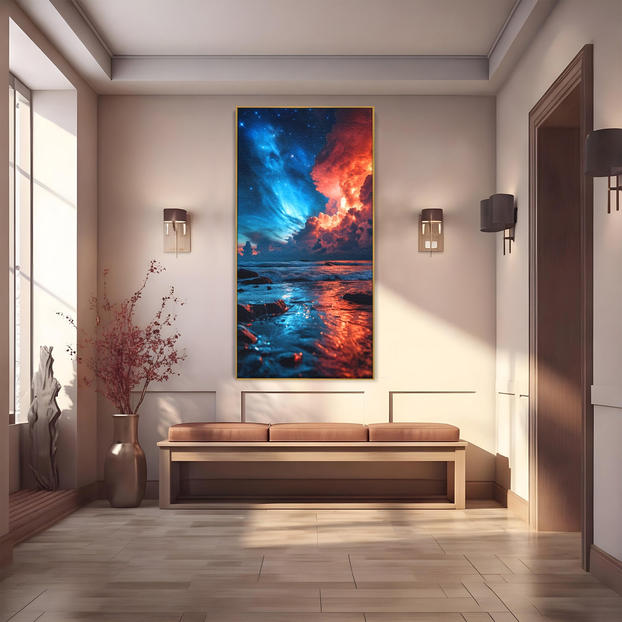 Tablou Canvas Premium LuxCanva® A1721, Apus Cosmic Pe Plaja, Apus, Mare, Natura, Cer, Living, Dormitor, Culori Vibrante