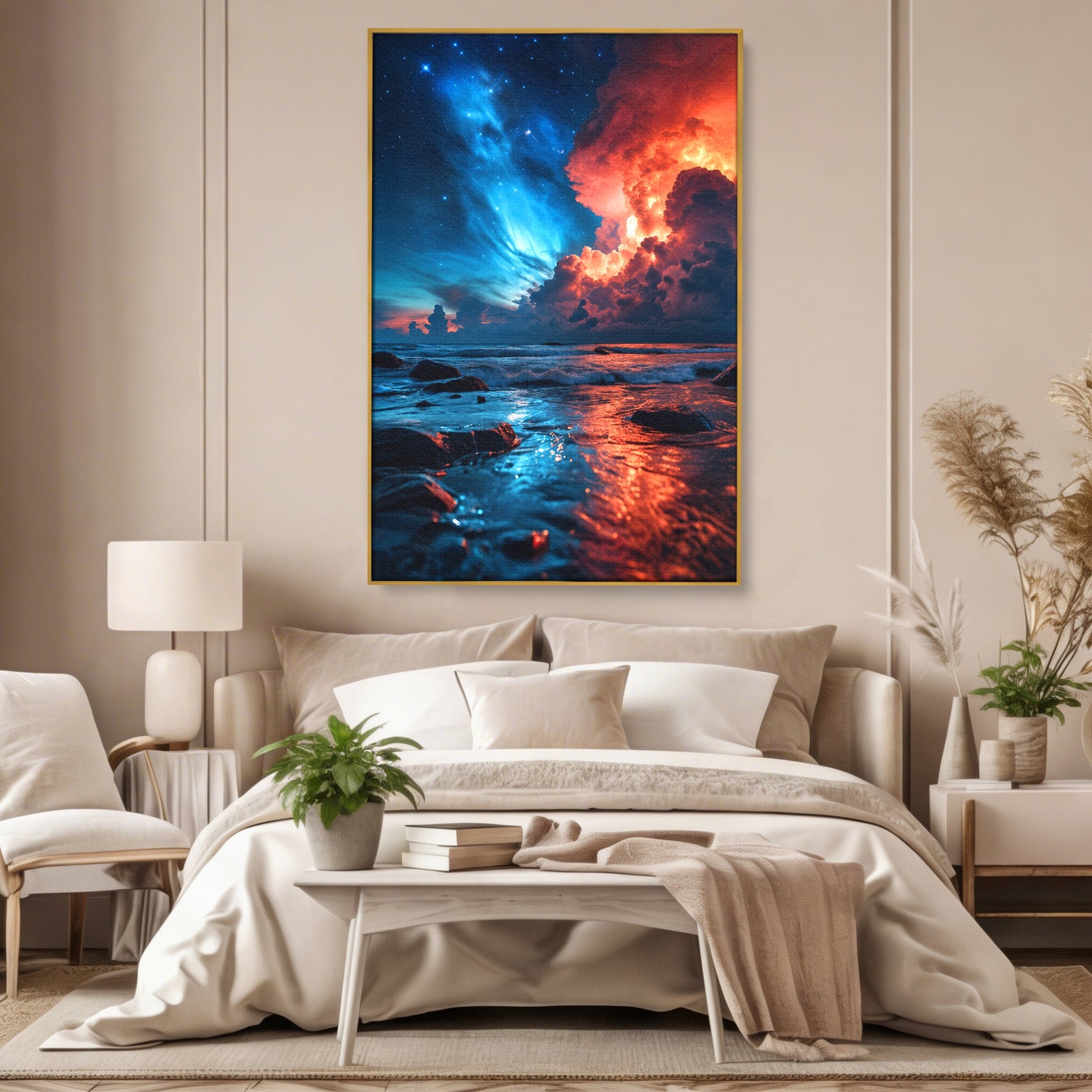 Tablou Canvas Premium LuxCanva® A1721, Apus Cosmic Pe Plaja, Apus, Mare, Natura, Cer, Living, Dormitor, Culori Vibrante