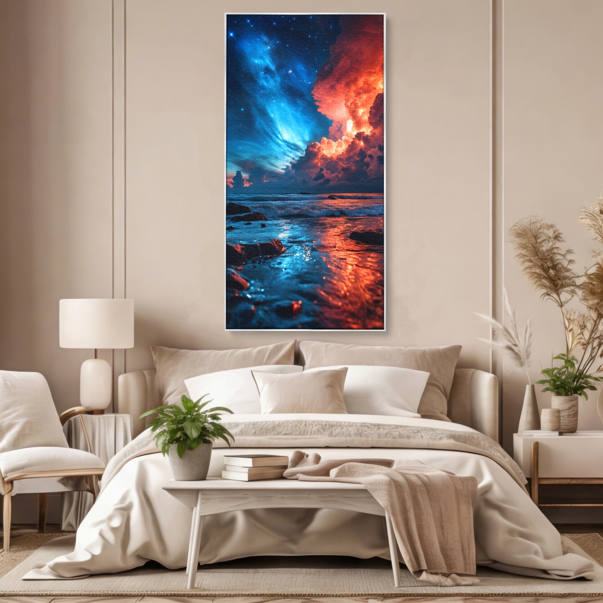 Tablou Canvas Premium LuxCanva® A1721, Apus Cosmic Pe Plaja, Apus, Mare, Natura, Cer, Living, Dormitor, Culori Vibrante