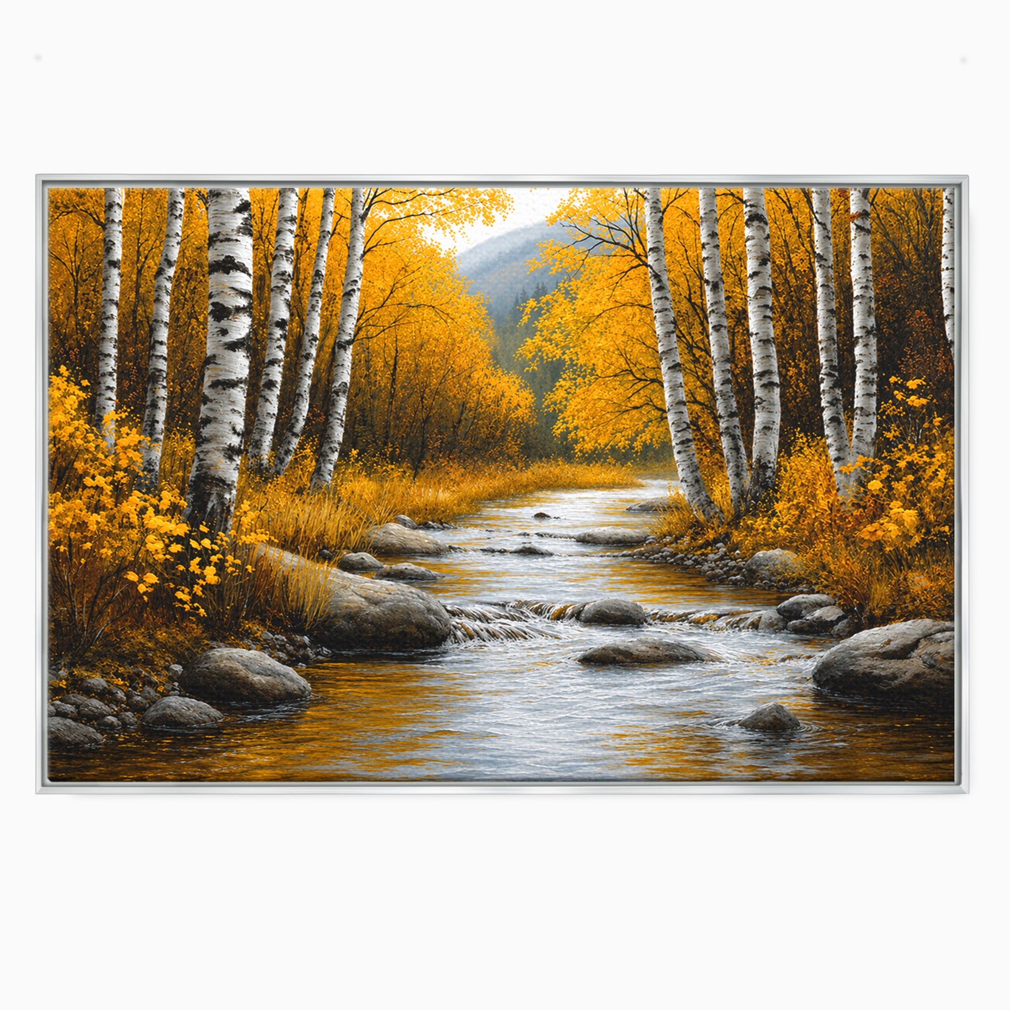 Tablou Canvas Premium LuxCanva® A1722, Padure De Mesteceni Toamna, Padure, Mesteceni, Toamna, Peisaj, Rau, Natura, Living, Dormitor, Culori Vibrante