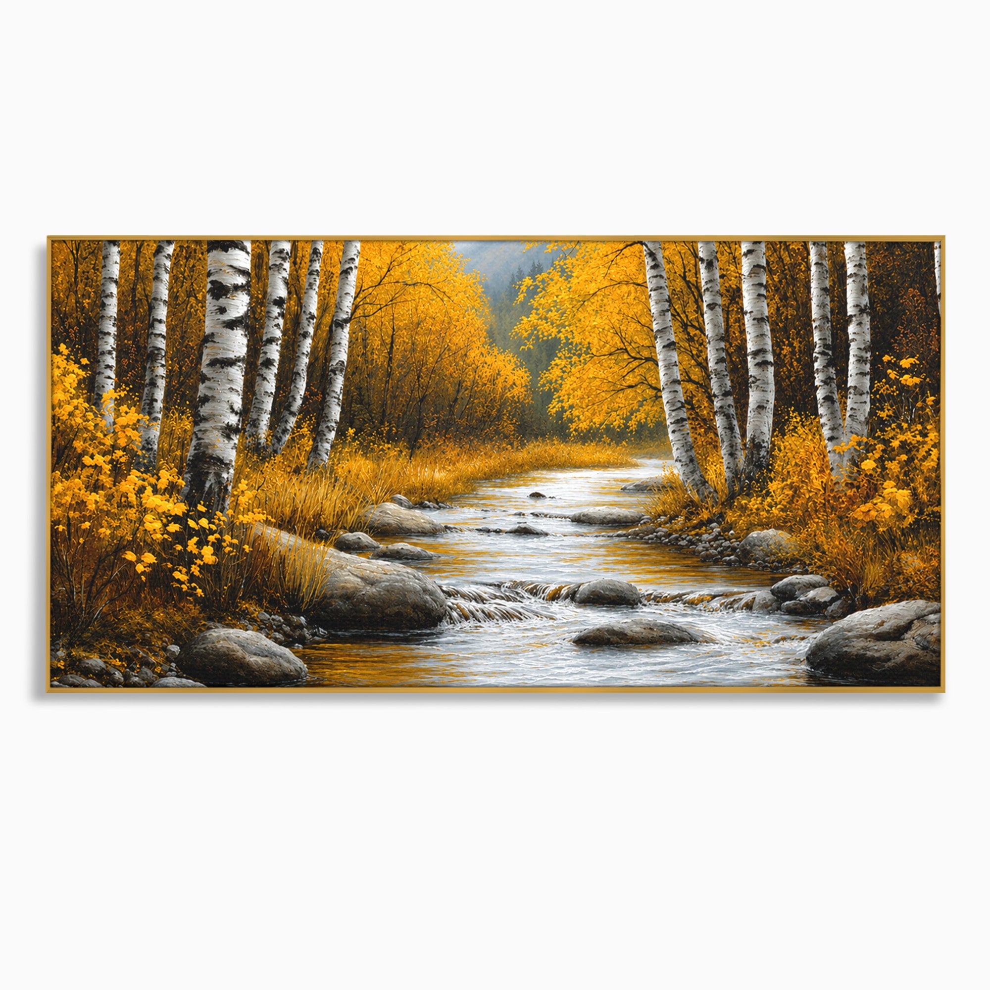 Tablou Canvas Premium LuxCanva® A1722, Padure De Mesteceni Toamna, Padure, Mesteceni, Toamna, Peisaj, Rau, Natura, Living, Dormitor, Culori Vibrante