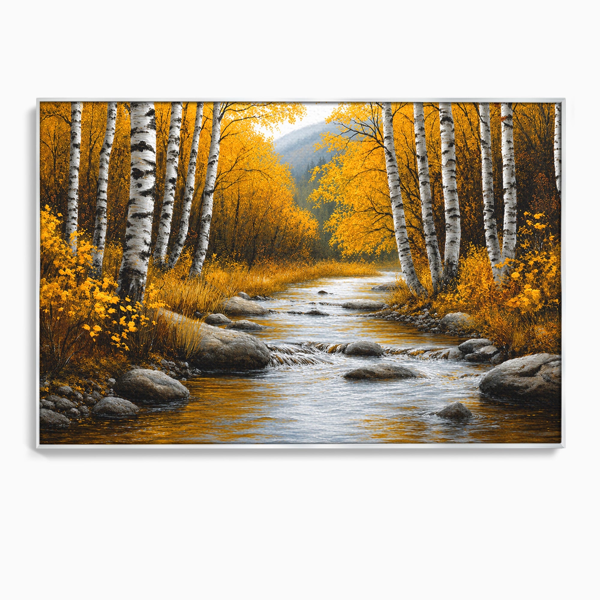 Tablou Canvas Premium LuxCanva® A1722, Padure De Mesteceni Toamna, Padure, Mesteceni, Toamna, Peisaj, Rau, Natura, Living, Dormitor, Culori Vibrante